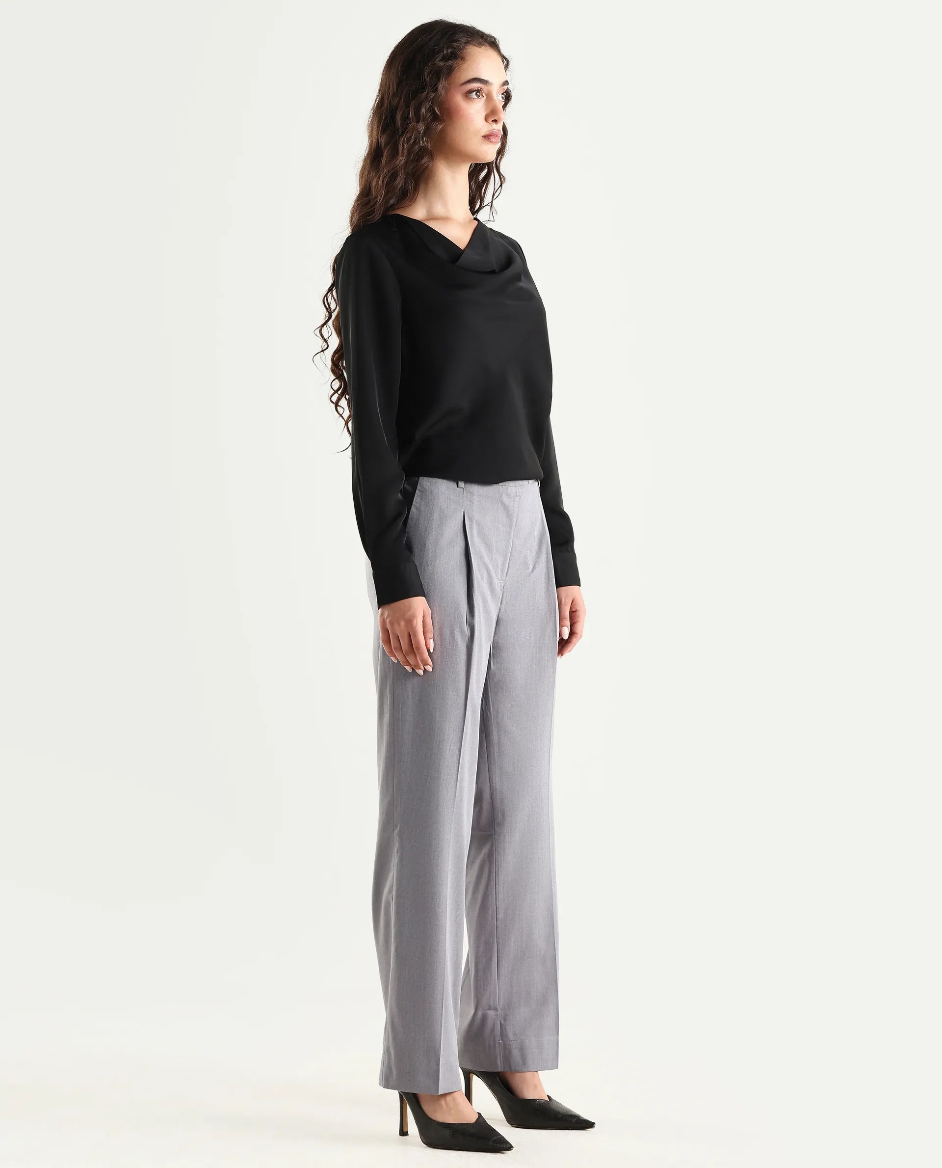 Rareism Women's Tiza Grey Polyester Blend Plain Ankle Length Straight Fit Trouser