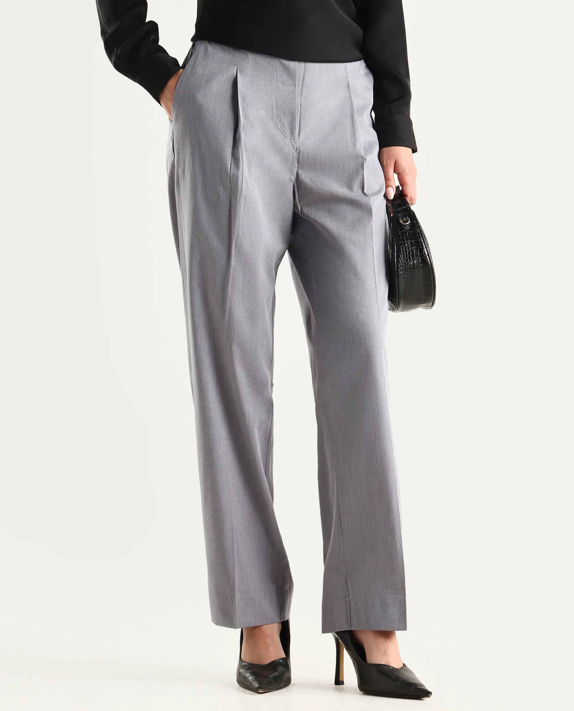 Rareism Women's Tiza Grey Polyester Blend Plain Ankle Length Straight Fit Trouser