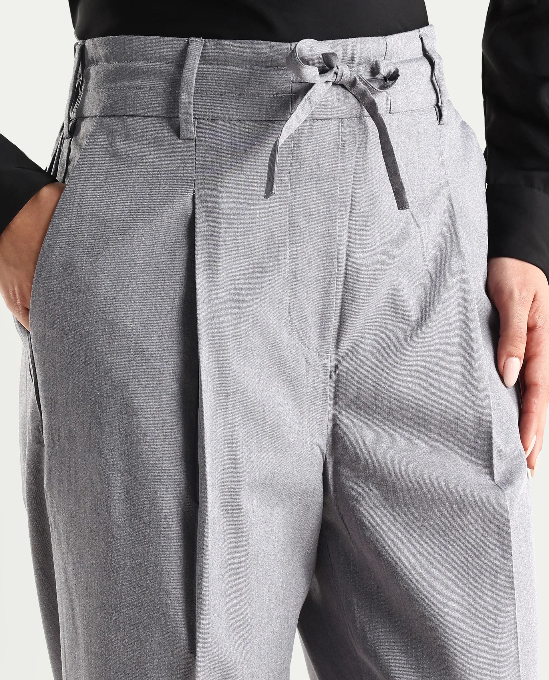 Rareism Women's Tiza Grey Polyester Blend Plain Ankle Length Straight Fit Trouser