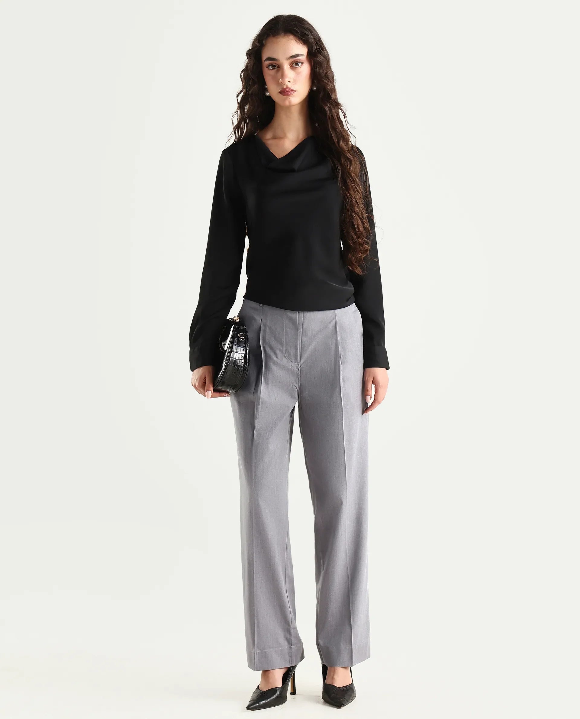 Rareism Women's Tiza Grey Polyester Blend Plain Ankle Length Straight Fit Trouser