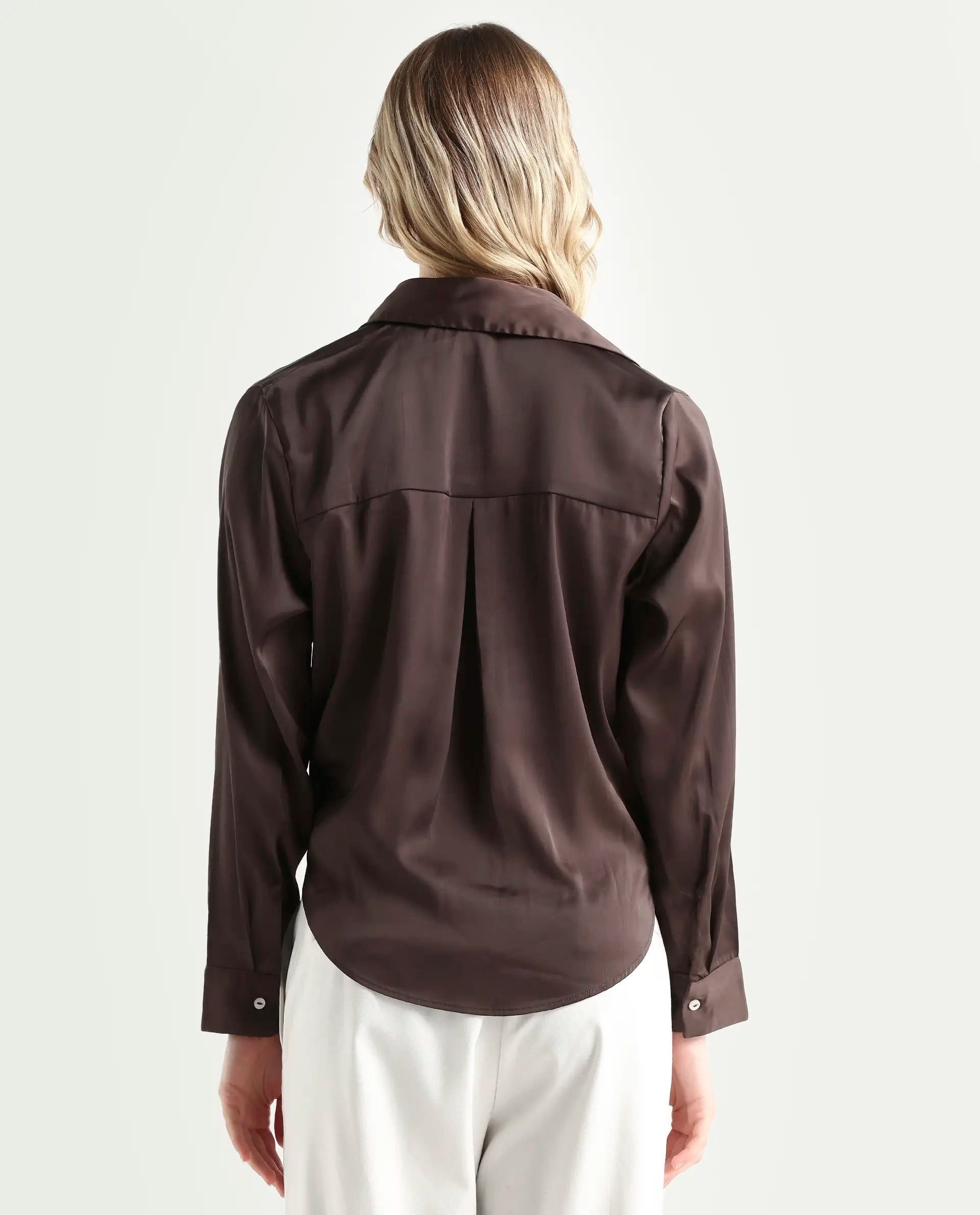 Rareism Women's Teen Brown Satin Drop Collar Plain Cuffed Sleeve Regular Fit Top