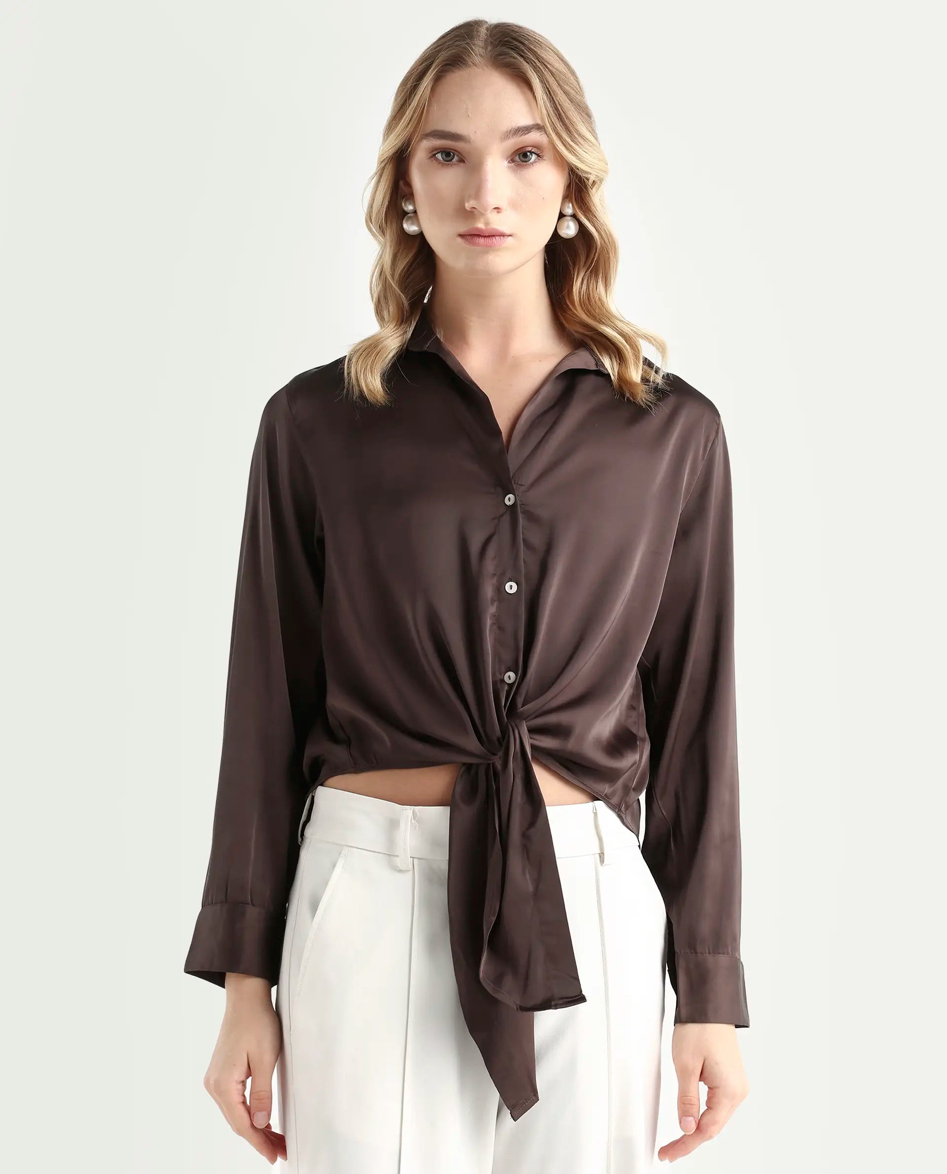 Rareism Women's Teen Brown Satin Drop Collar Plain Cuffed Sleeve Regular Fit Top