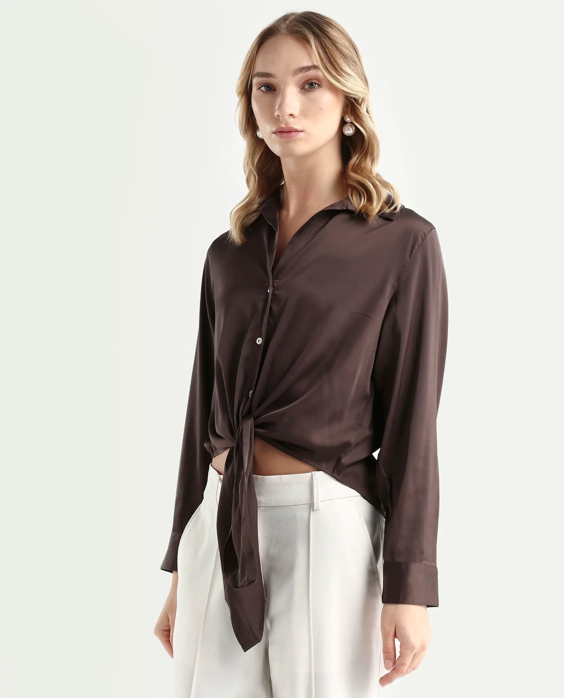 Rareism Women's Teen Brown Satin Drop Collar Plain Cuffed Sleeve Regular Fit Top