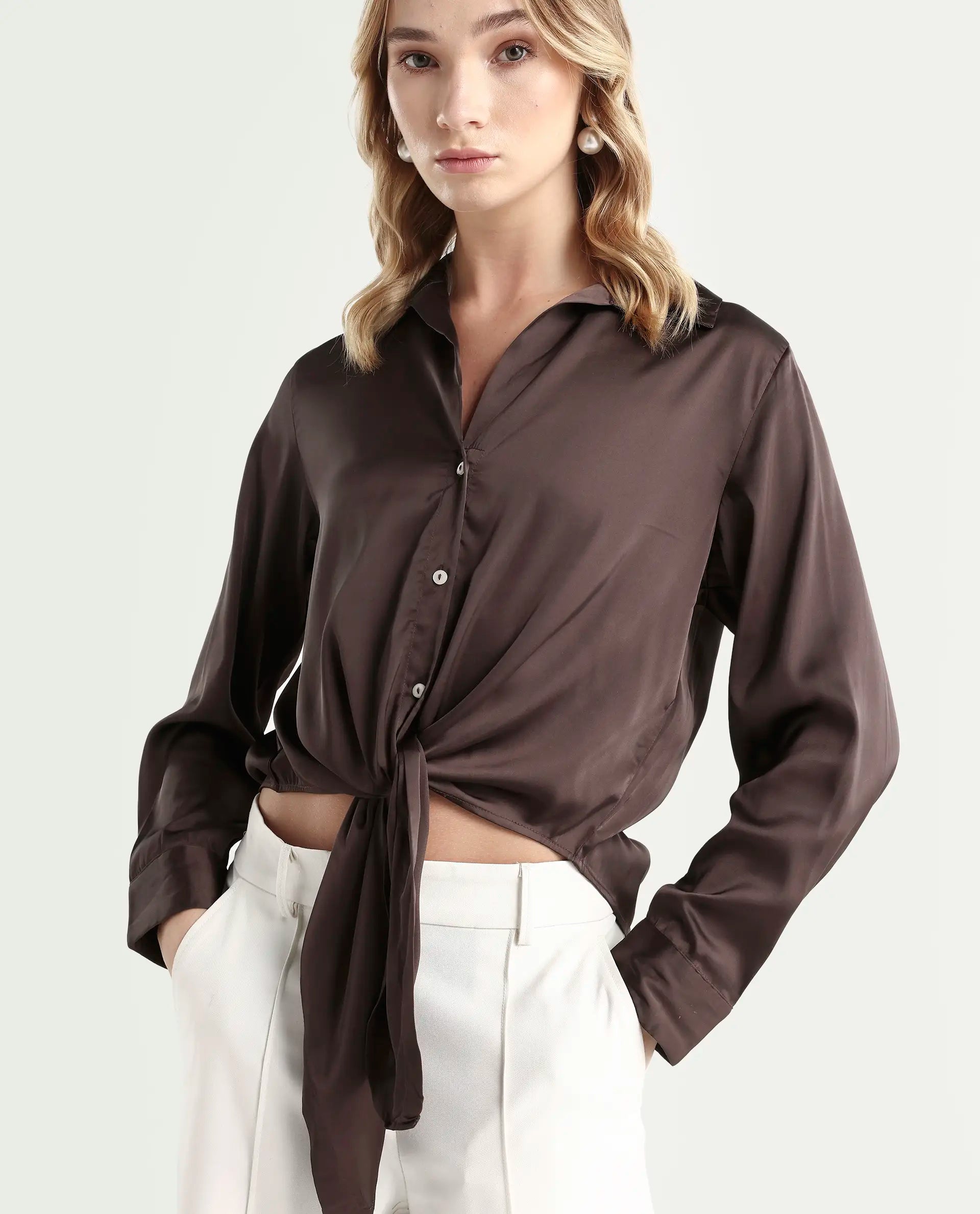 Rareism Women's Teen Brown Satin Drop Collar Plain Cuffed Sleeve Regular Fit Top