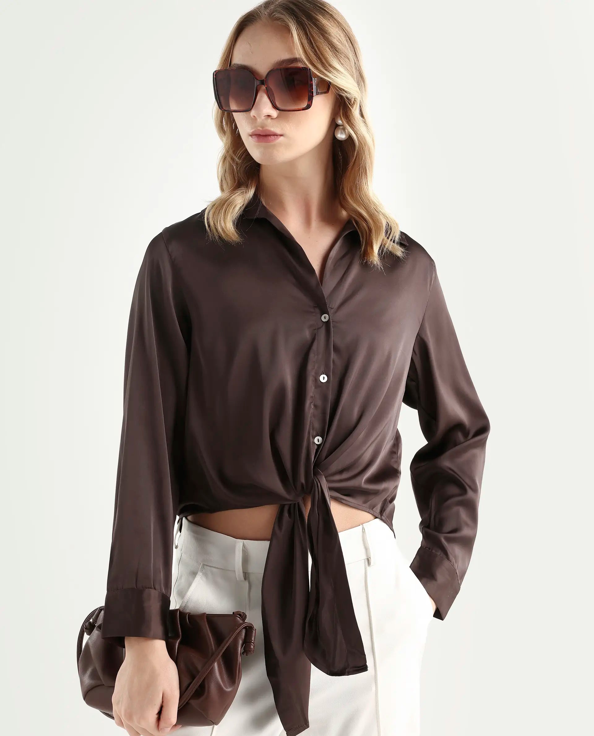 Rareism Women's Teen Brown Satin Drop Collar Plain Cuffed Sleeve Regular Fit Top
