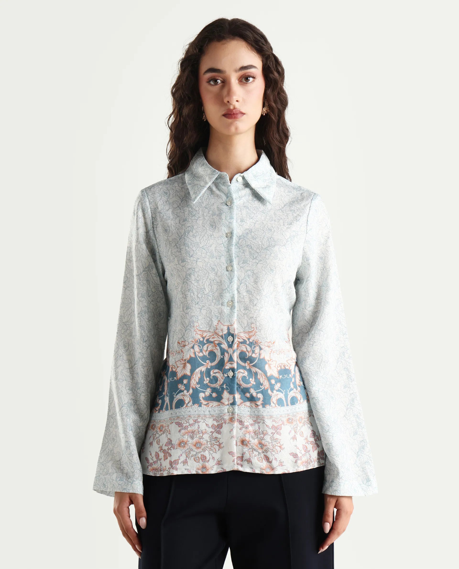 Rareism Women's Sesent Light Multi Viscose Blend Drop Collar Tropical Print Cuffed Sleeve Regular Fit Top