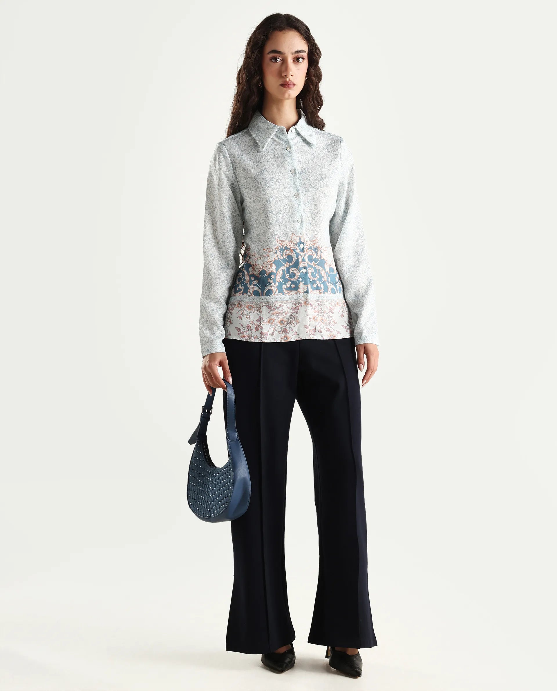 Rareism Women's Sesent Light Multi Viscose Blend Drop Collar Tropical Print Cuffed Sleeve Regular Fit Top