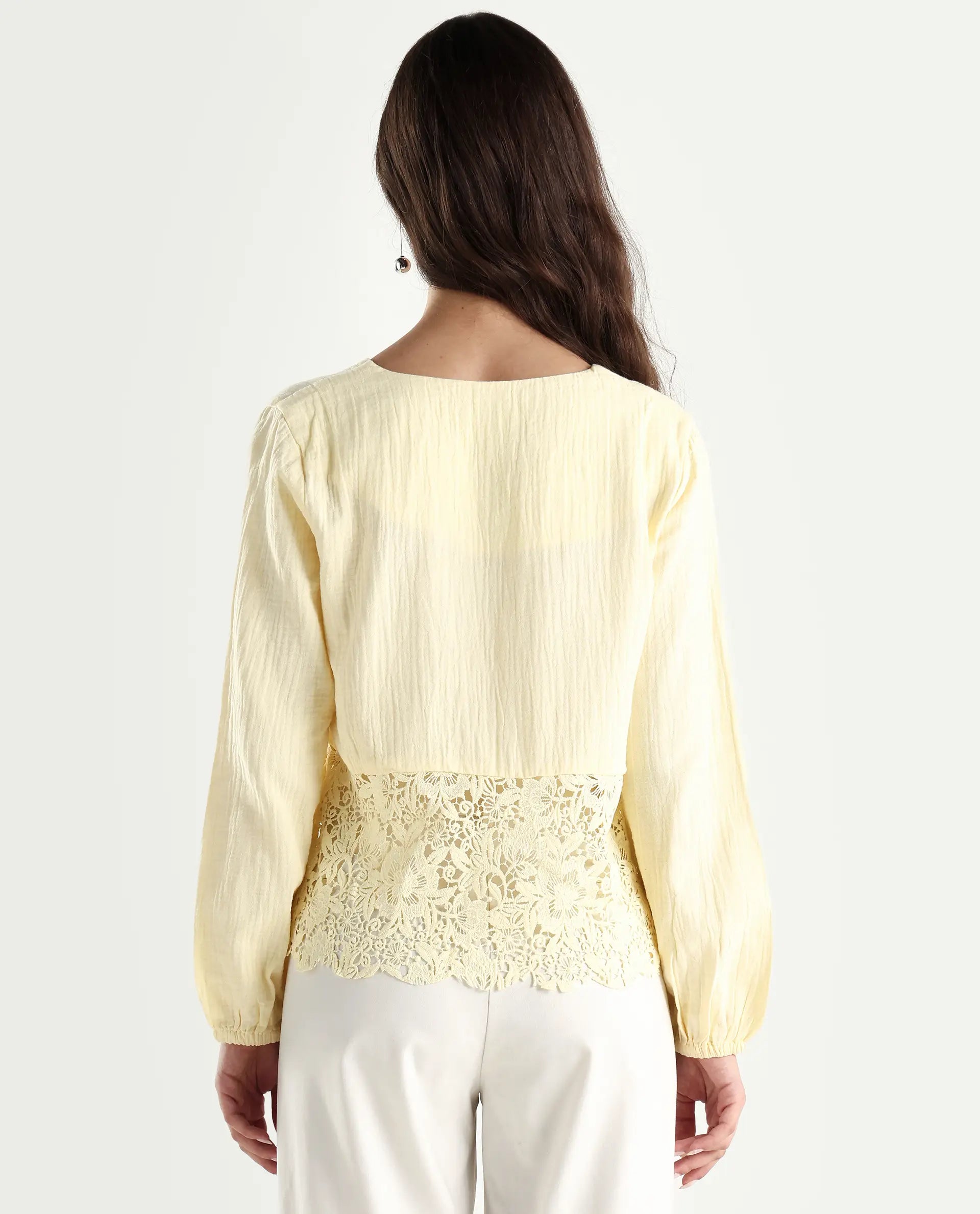 Rareism Women's Sinloao Light Yellow Cotton V-Neck Plain Bishop Sleeve Regular Fit Top