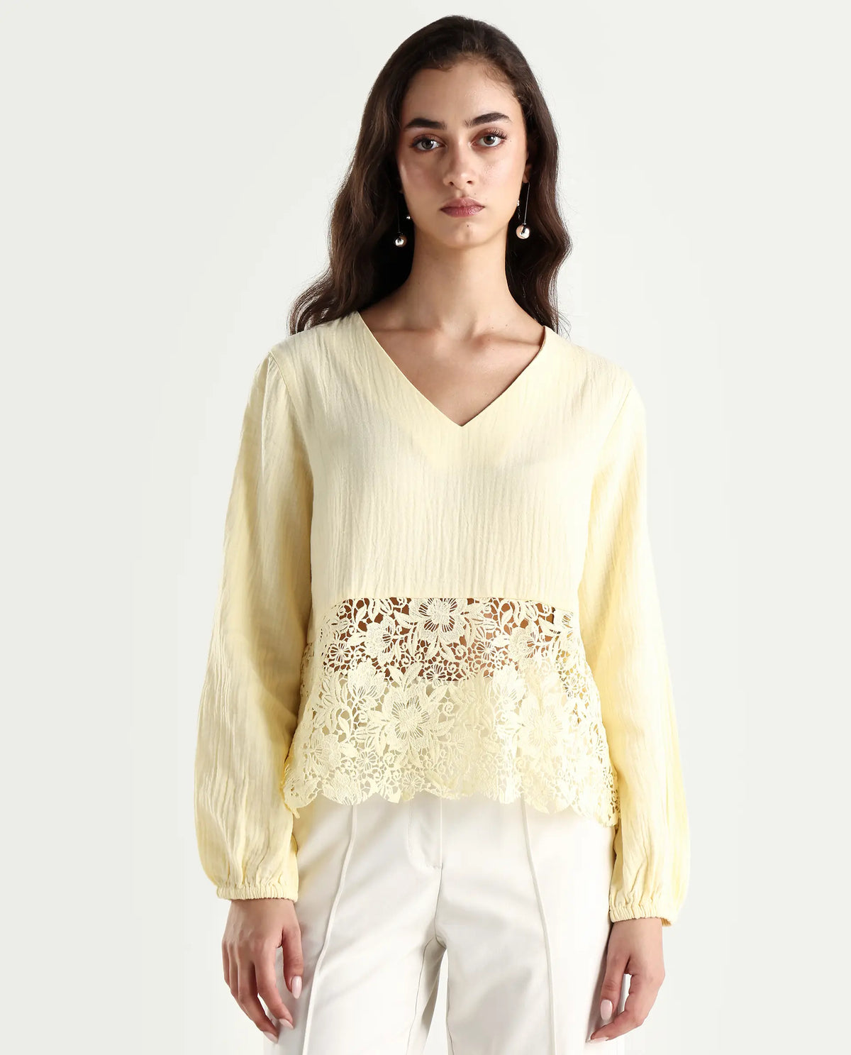 Rareism Women's Sinloao Light Yellow Cotton V-Neck Plain Bishop Sleeve Regular Fit Top
