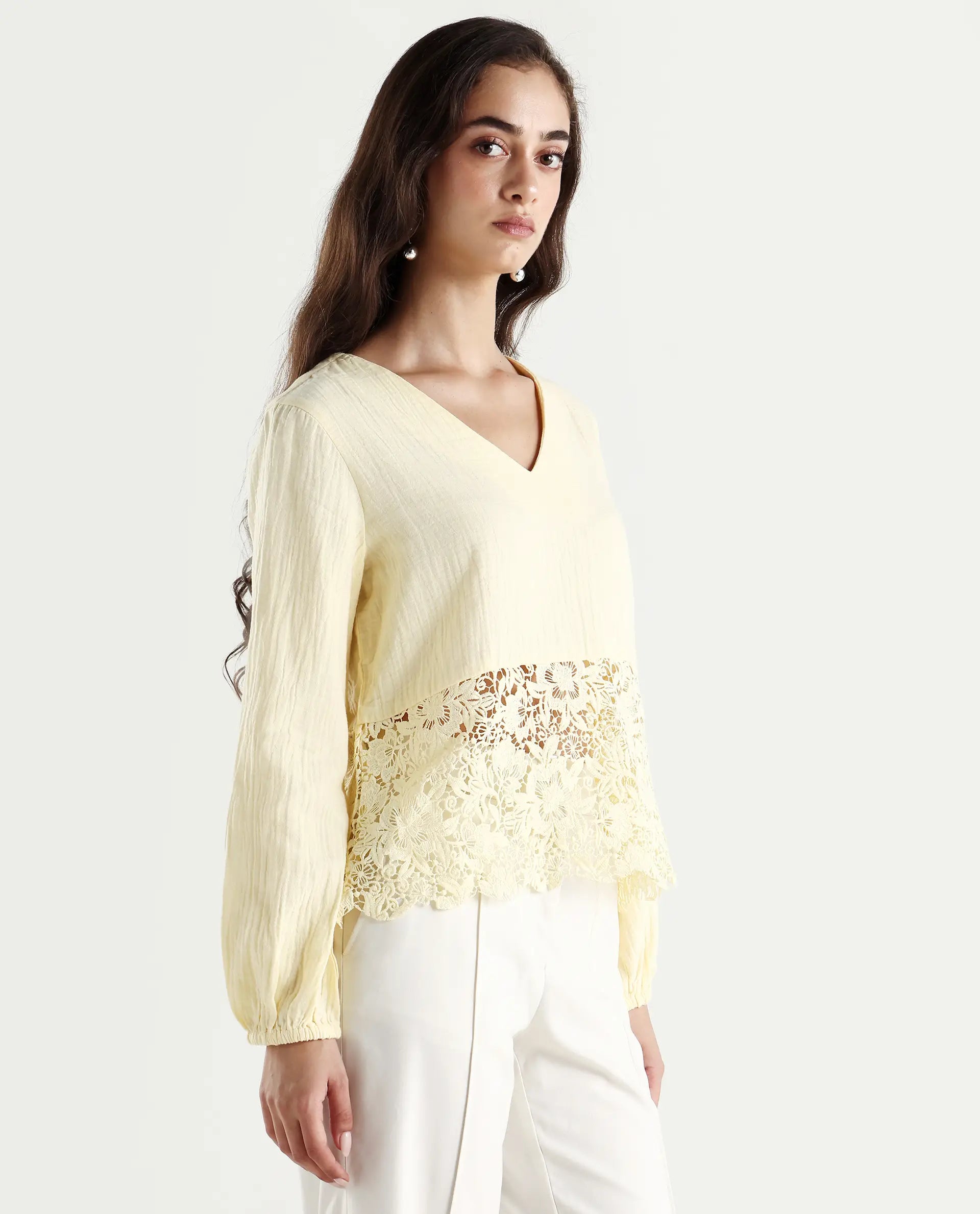 Rareism Women's Sinloao Light Yellow Cotton V-Neck Plain Bishop Sleeve Regular Fit Top