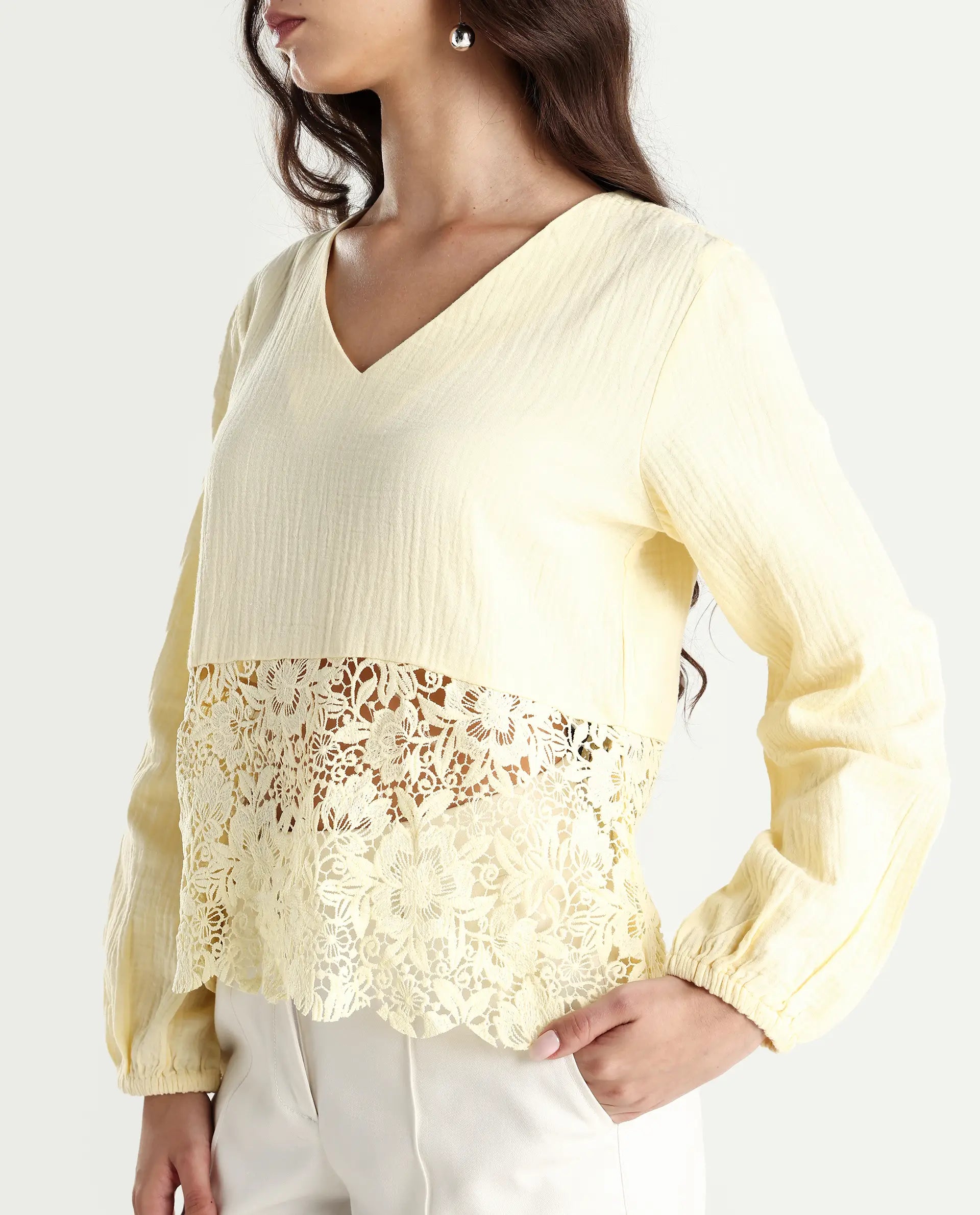 Rareism Women's Sinloao Light Yellow Cotton V-Neck Plain Bishop Sleeve Regular Fit Top