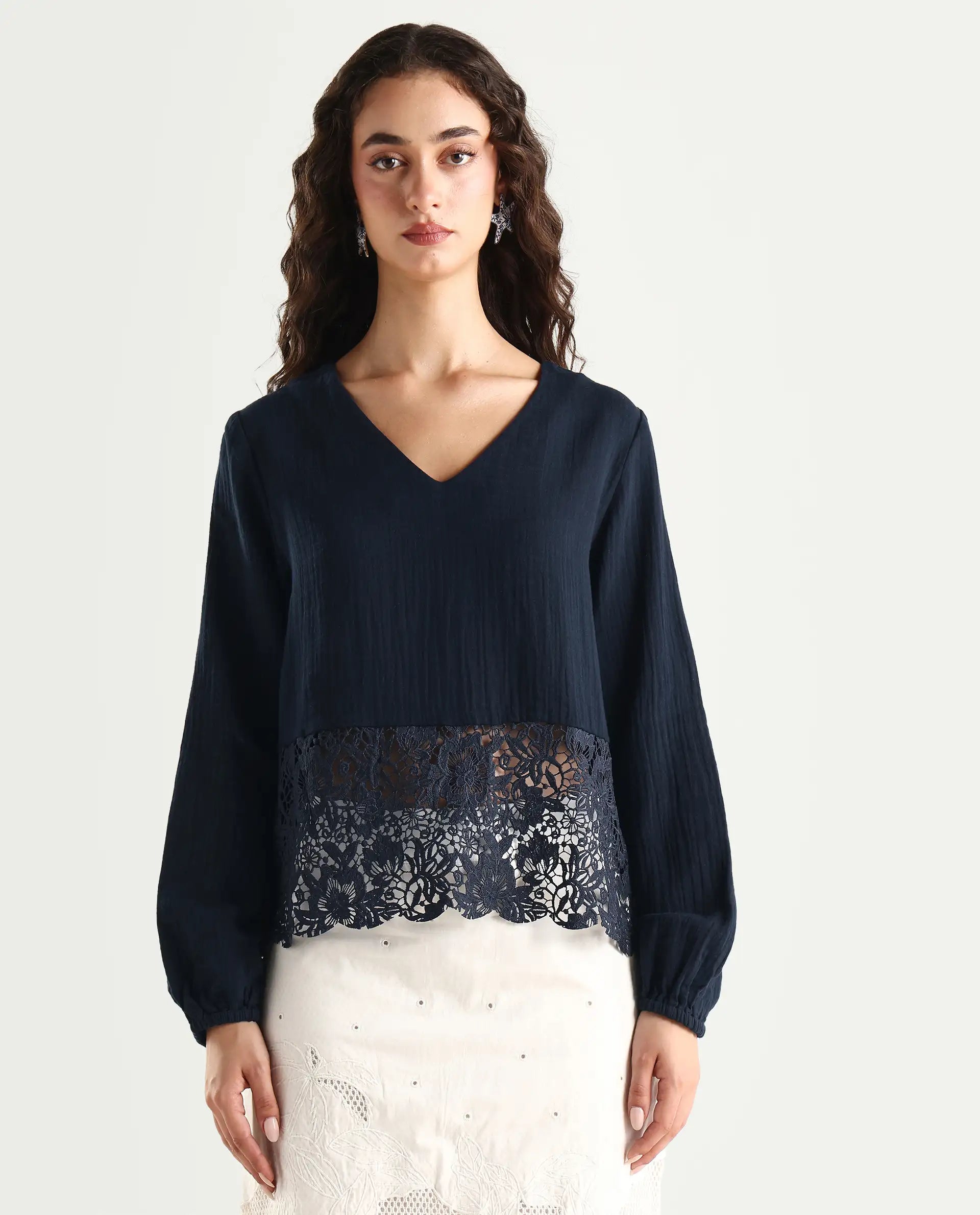 Rareism Women's Sinloao Navy Cotton V-Neck Plain Bishop Sleeve Regular Fit Top