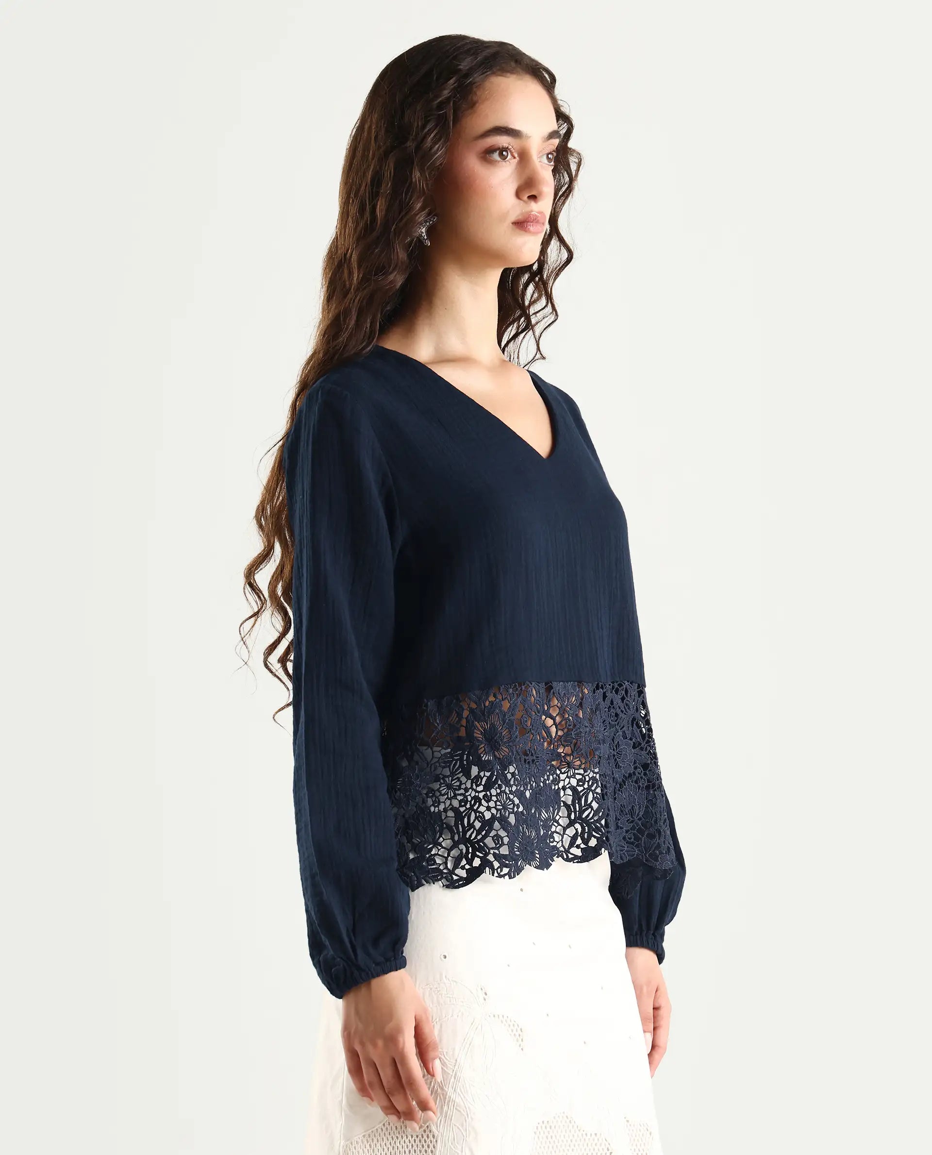 Rareism Women's Sinloao Navy Cotton V-Neck Plain Bishop Sleeve Regular Fit Top