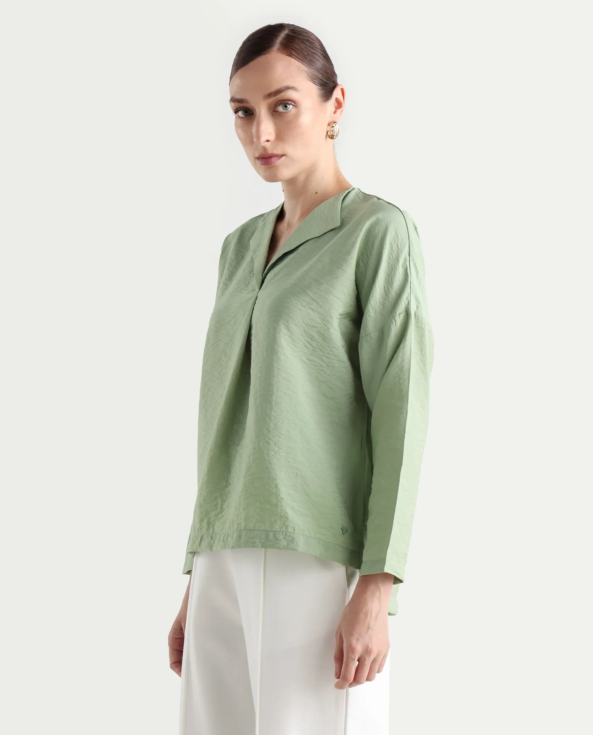 Rareism Women's Drap Green Nylon Blend Lapel Neck Plain Relaxed Fit Top
