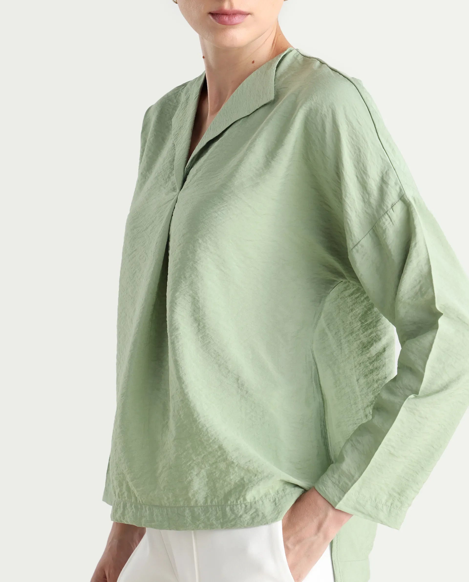 Rareism Women's Drap Green Nylon Blend Lapel Neck Plain Relaxed Fit Top