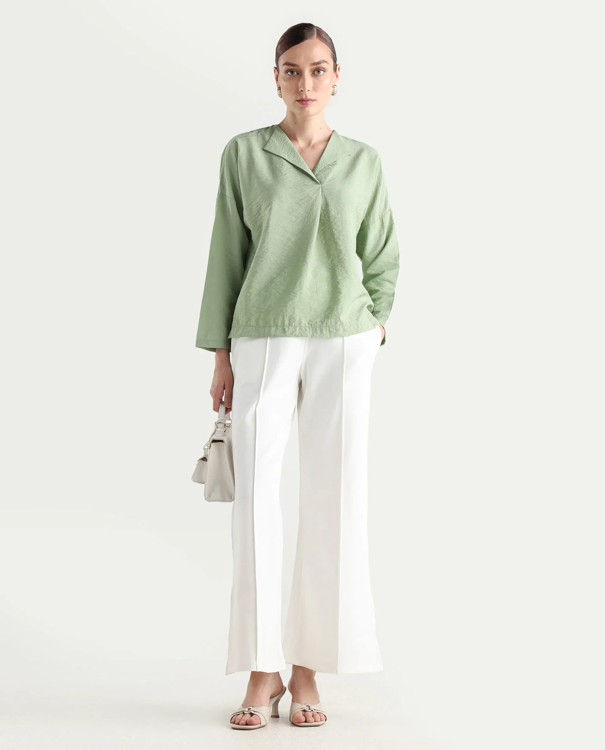 Rareism Women's Drap Green Nylon Blend Lapel Neck Plain Relaxed Fit Top