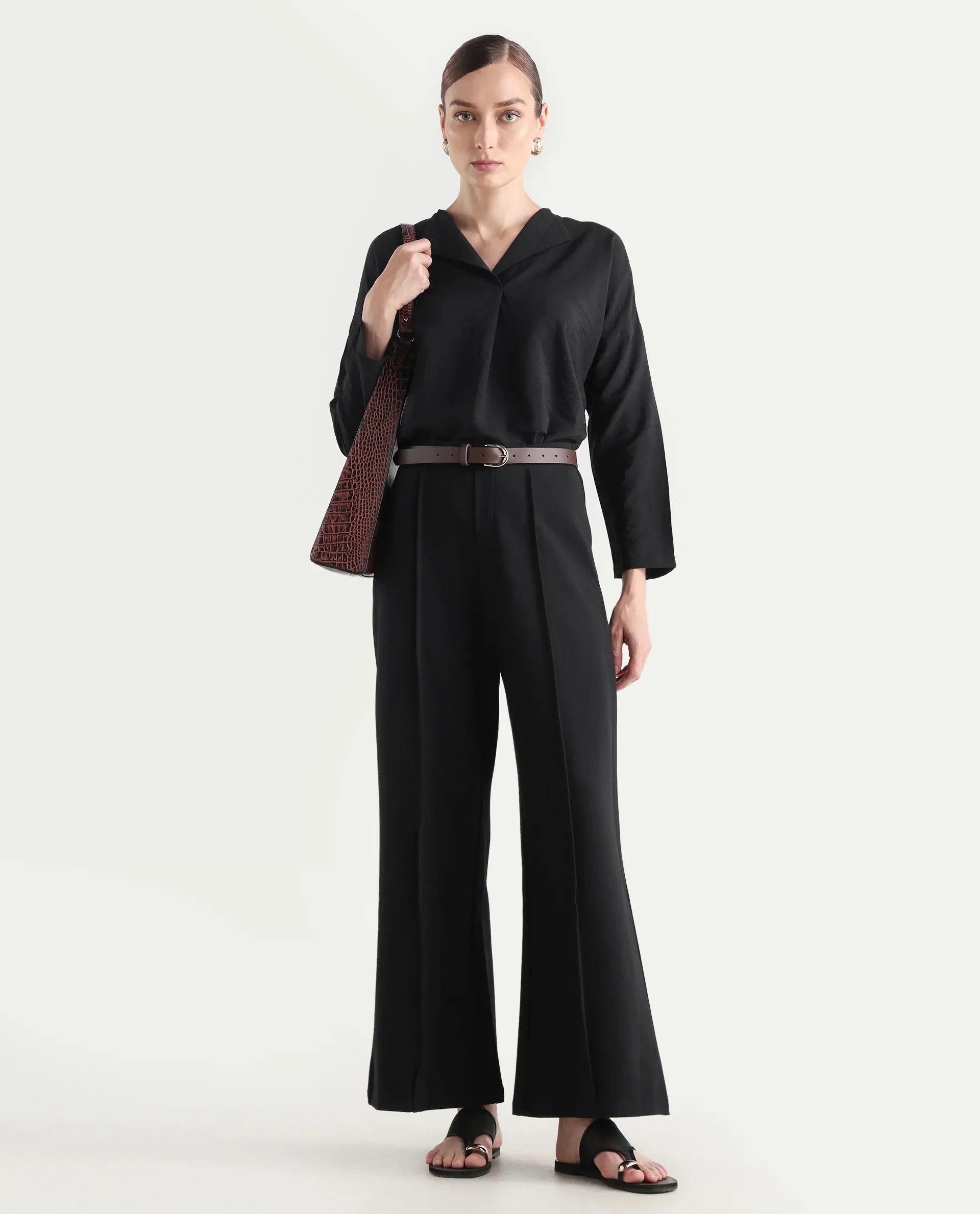 Rareism Women's Drap Black Nylon Blend Lapel Neck Plain Relaxed Fit Top