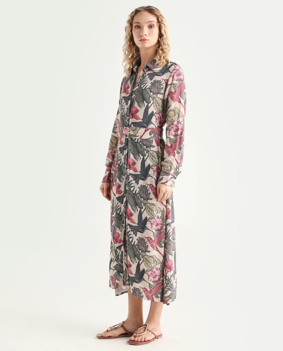 Rareism Women's Korean Multi Moroccan Crepe Drop Collar Abstract Print Cuffed Sleeve Maxi Fit And Flare Dress