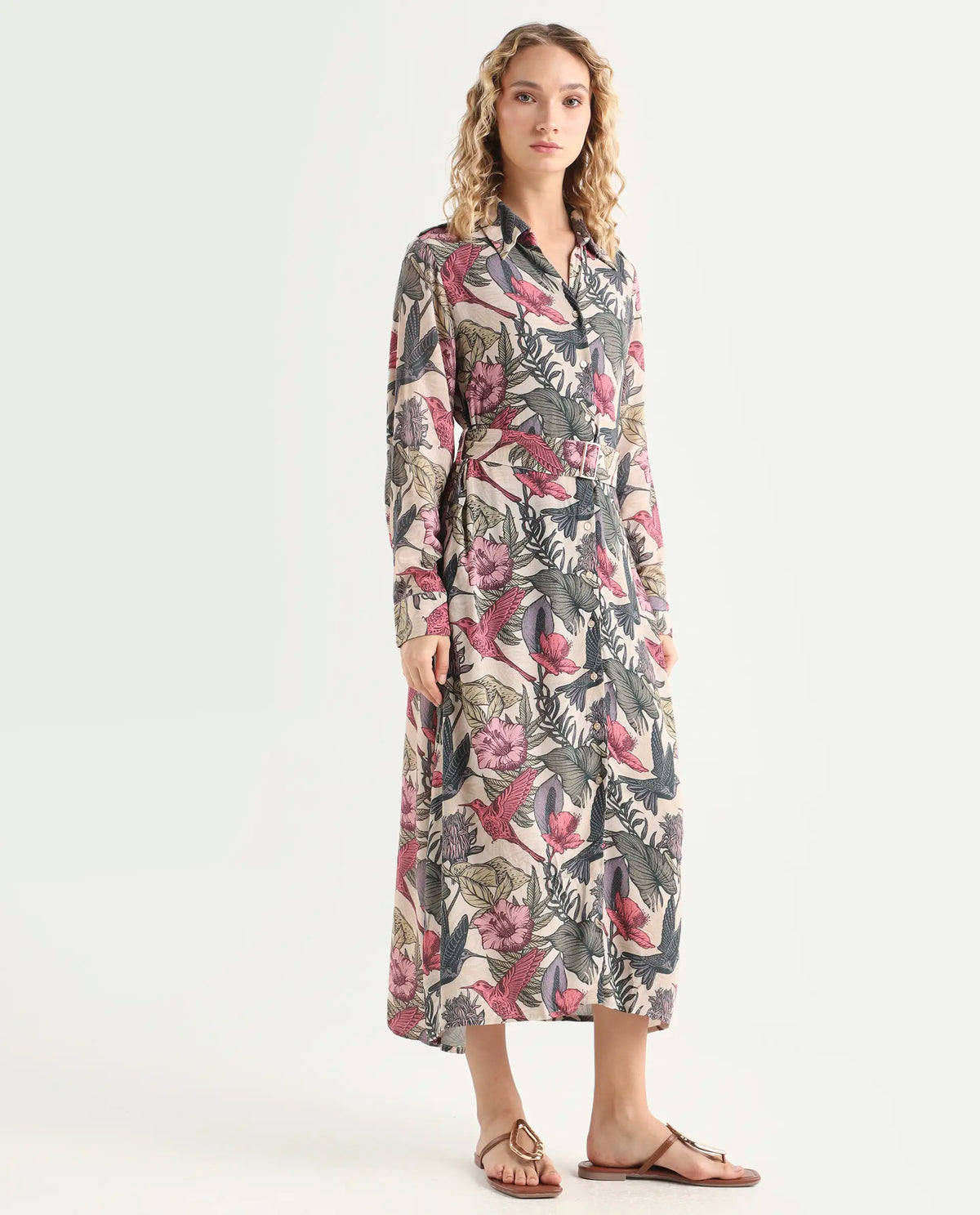Rareism Women's Korean Multi Moroccan Crepe Drop Collar Abstract Print Cuffed Sleeve Maxi Fit And Flare Dress