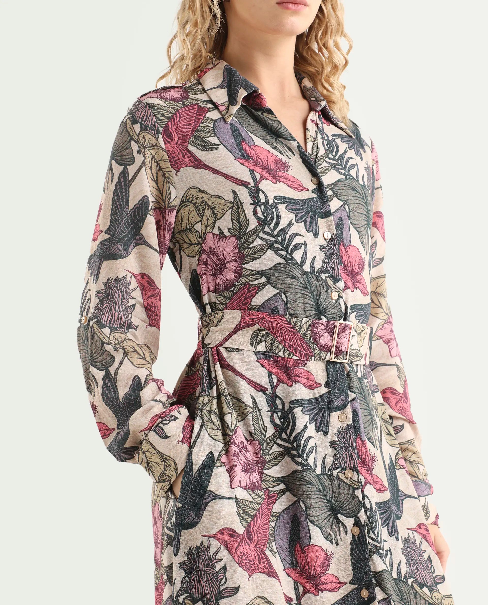 Rareism Women's Korean Multi Moroccan Crepe Drop Collar Abstract Print Cuffed Sleeve Maxi Fit And Flare Dress