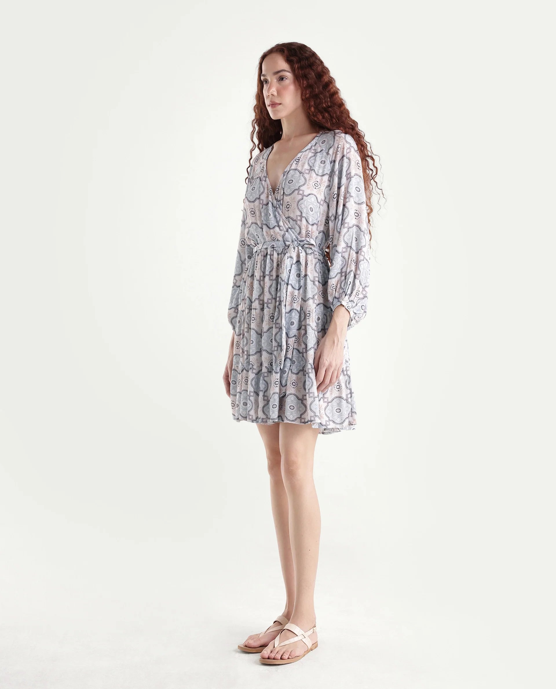 Rareism Women's Mage-Light Blue Rayon Overlap Neck Abstract Print Raglan Sleeve Mini Fit And Flare Dress