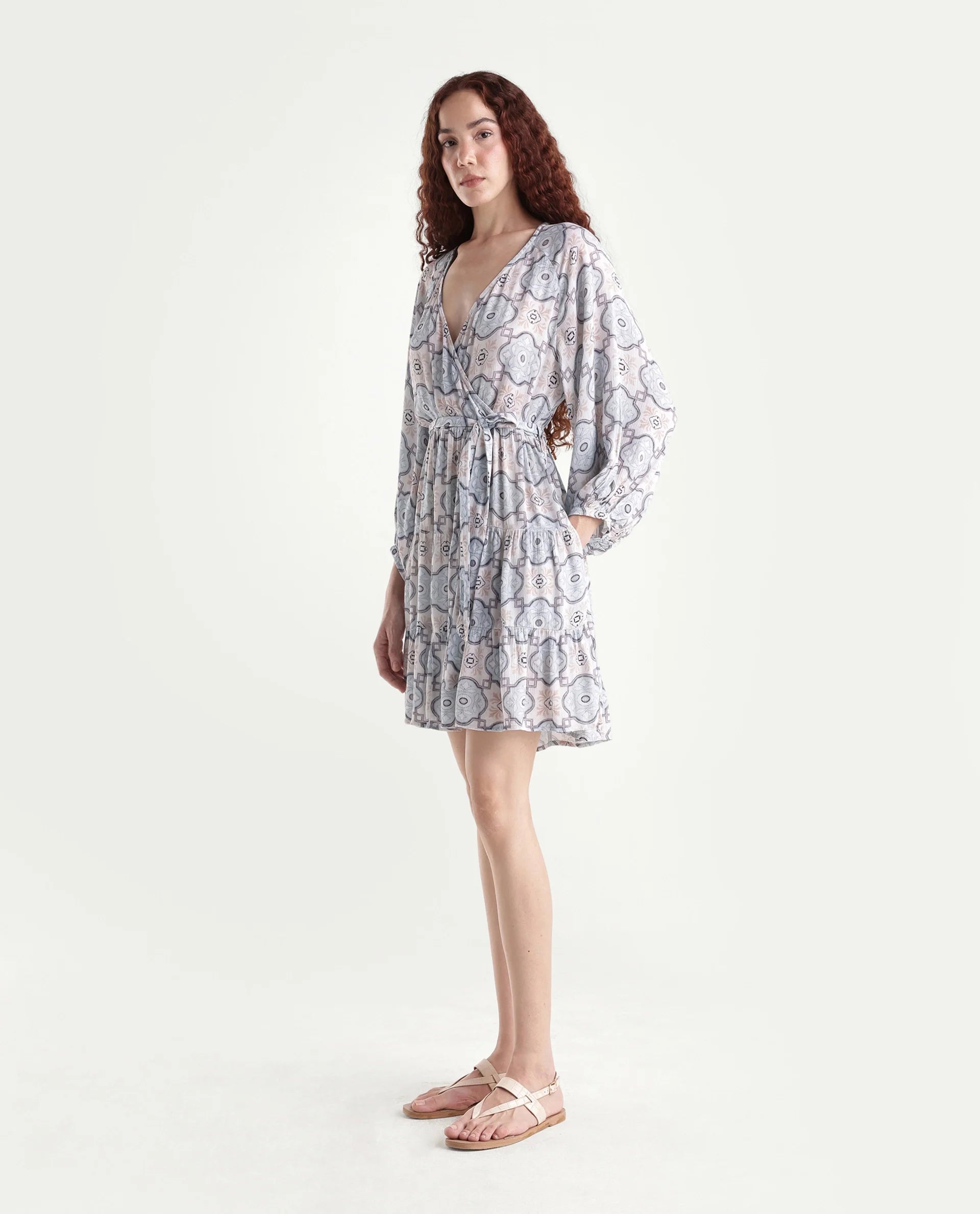 Rareism Women's Mage-Light Blue Rayon Overlap Neck Abstract Print Raglan Sleeve Mini Fit And Flare Dress