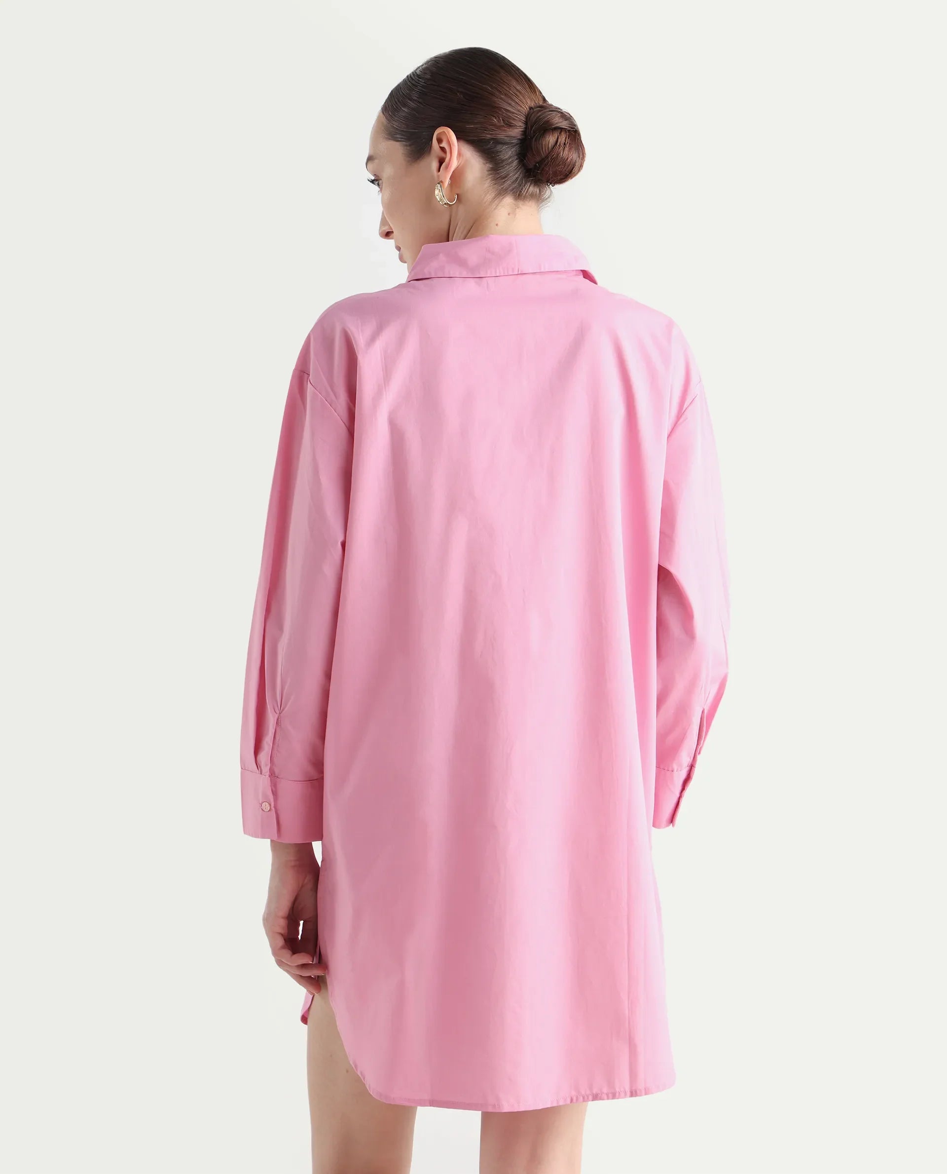 Rareism Women's Krism Light Pink Cotton Drop Collar Plain Cuffed Sleeve Mini Relaxed Fit Dress