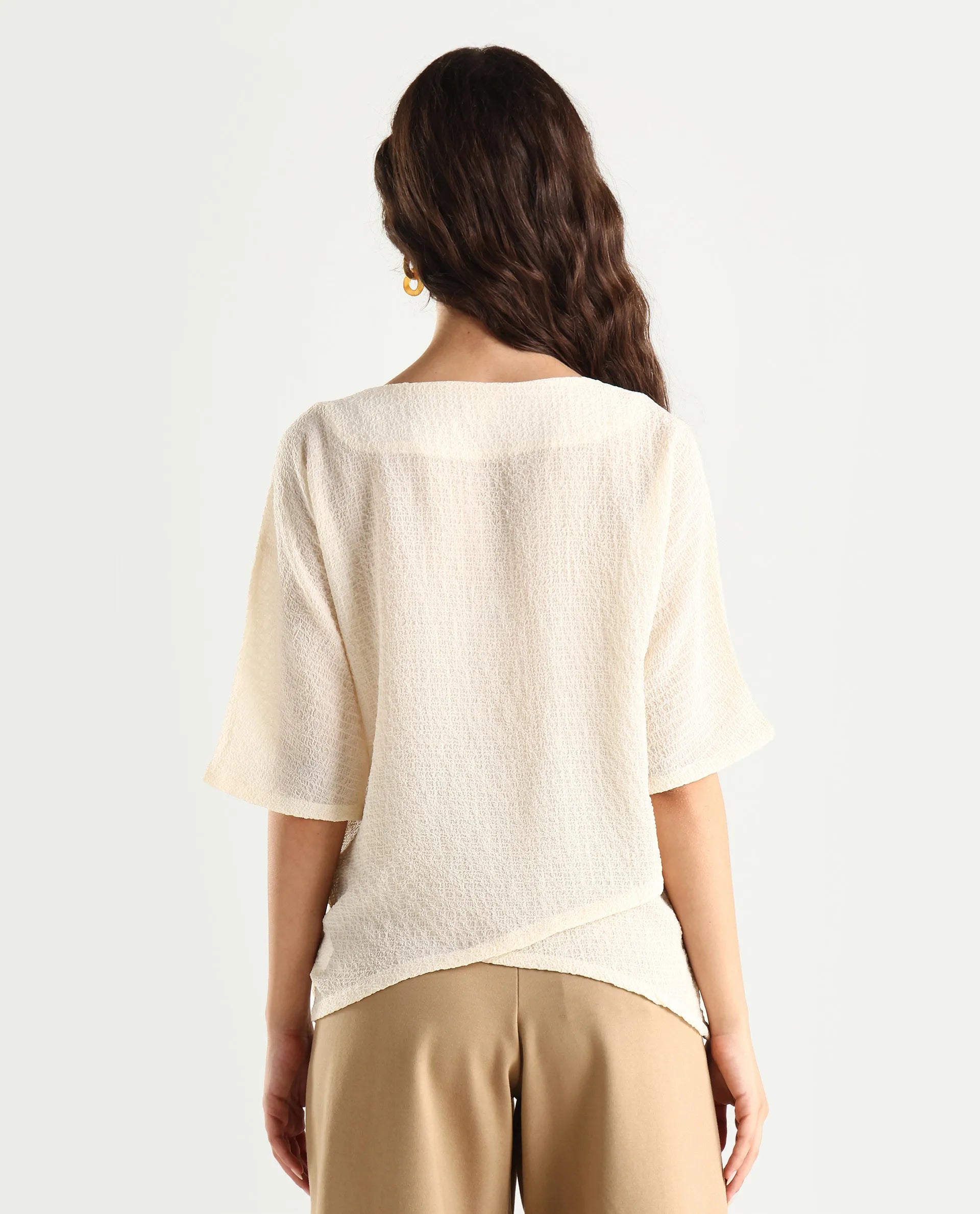 Rareism Women's Texmer Beige Polyester Boat Neck Plain Regular Fit Top