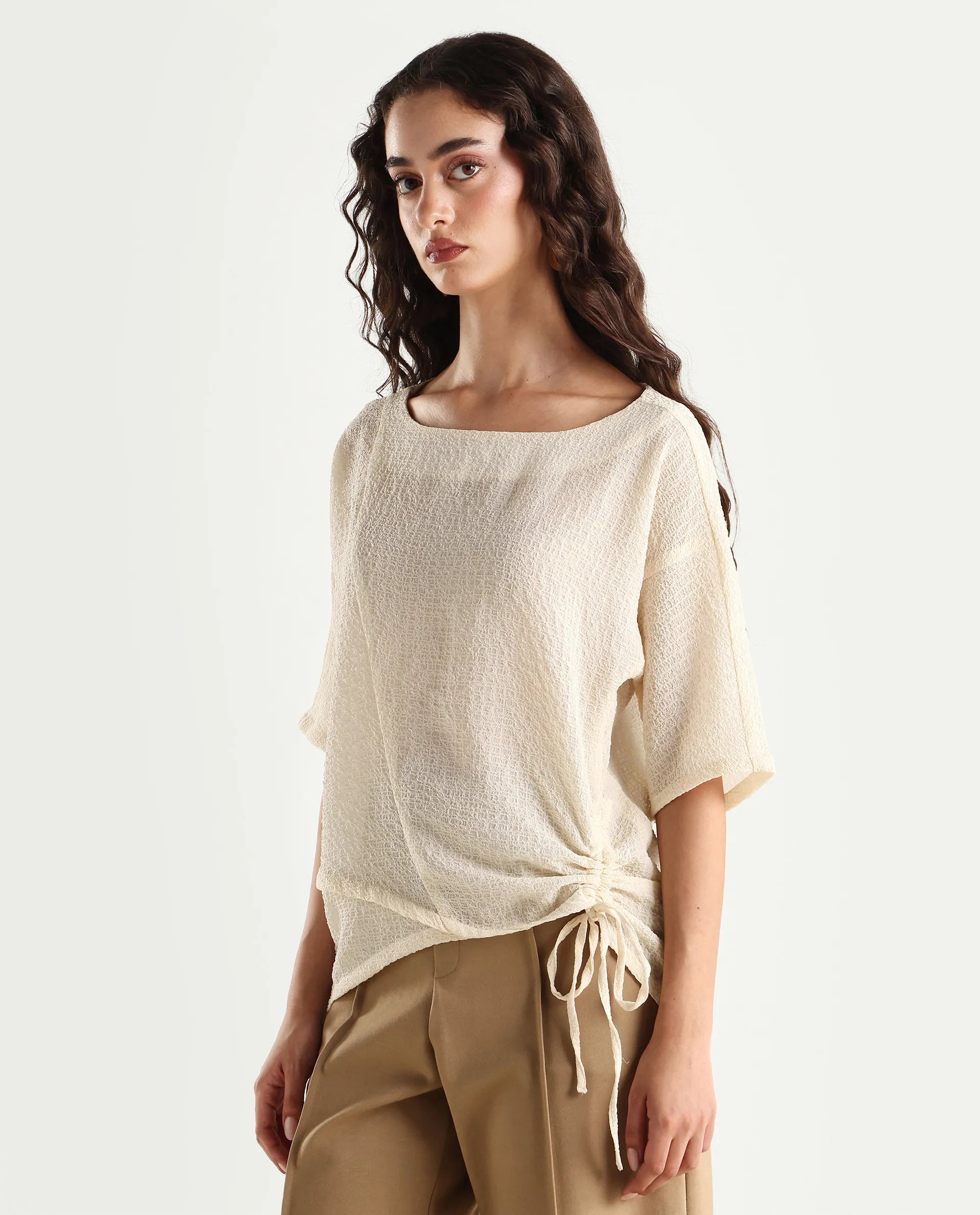 Rareism Women's Texmer Beige Polyester Boat Neck Plain Regular Fit Top