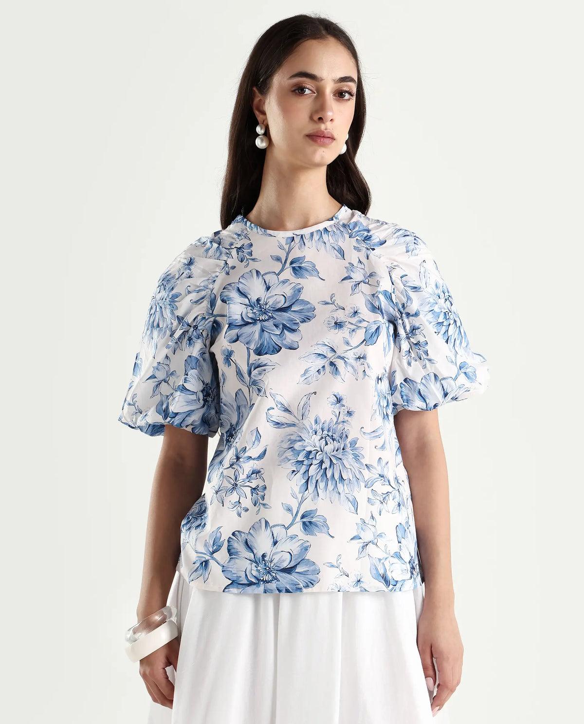 Rareism Women's Bobbie Blue Cotton Drop Collar Floral Print Raglan Sleeve Regular Fit Top