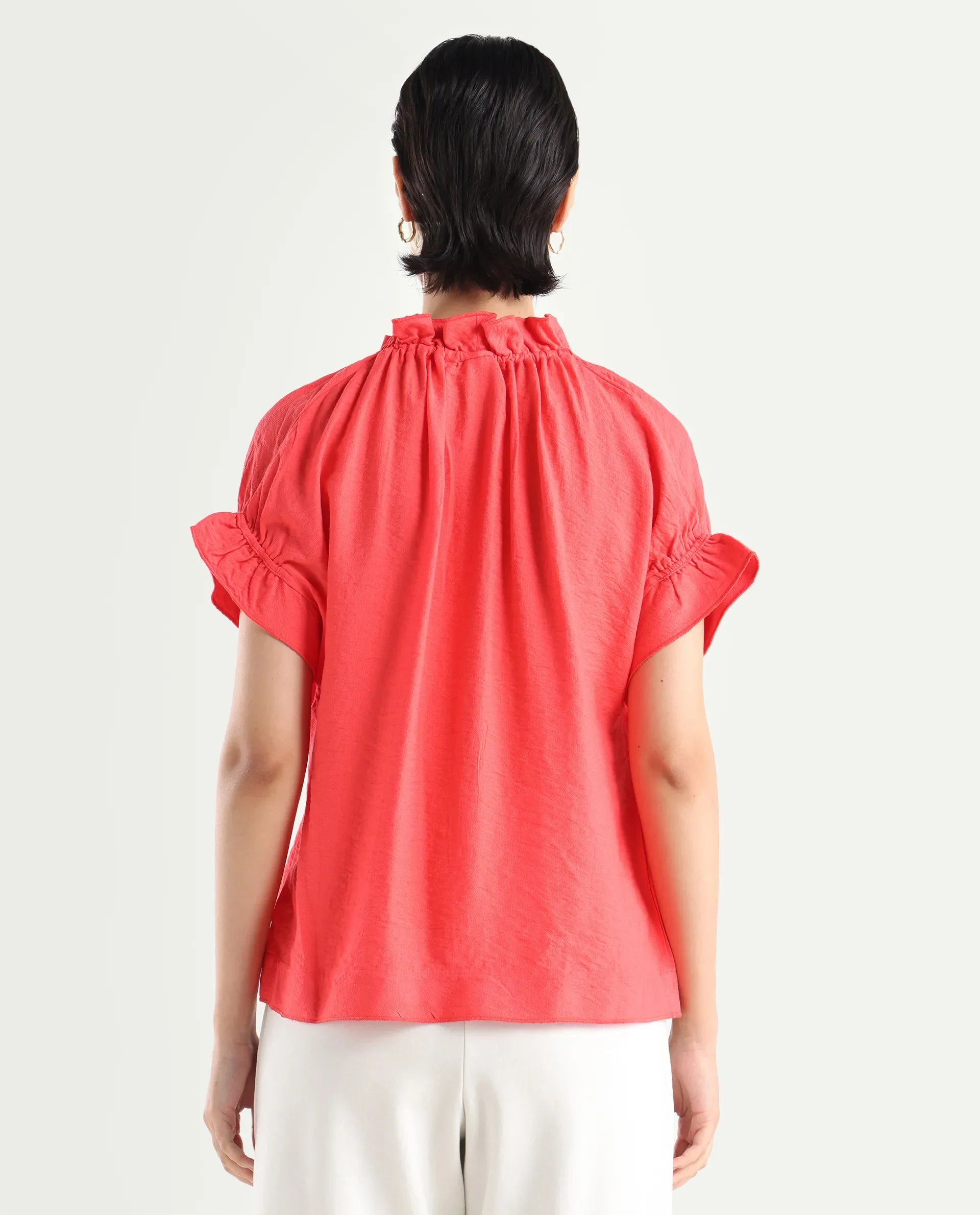 Rareism Women's Tichi Orange Viscose Blend V-Neck Plain Extended Sleeves Regular Fit Top