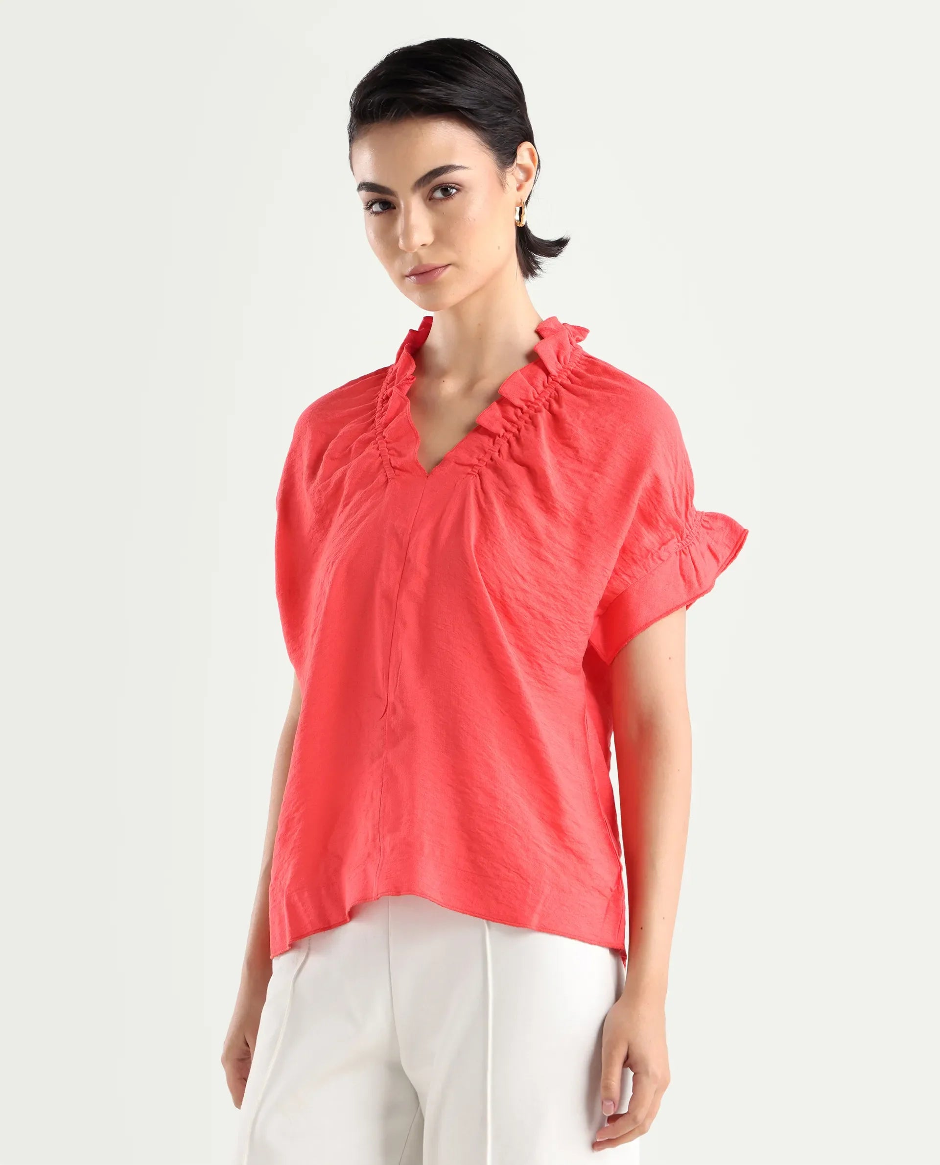 Rareism Women's Tichi Orange Viscose Blend V-Neck Plain Extended Sleeves Regular Fit Top