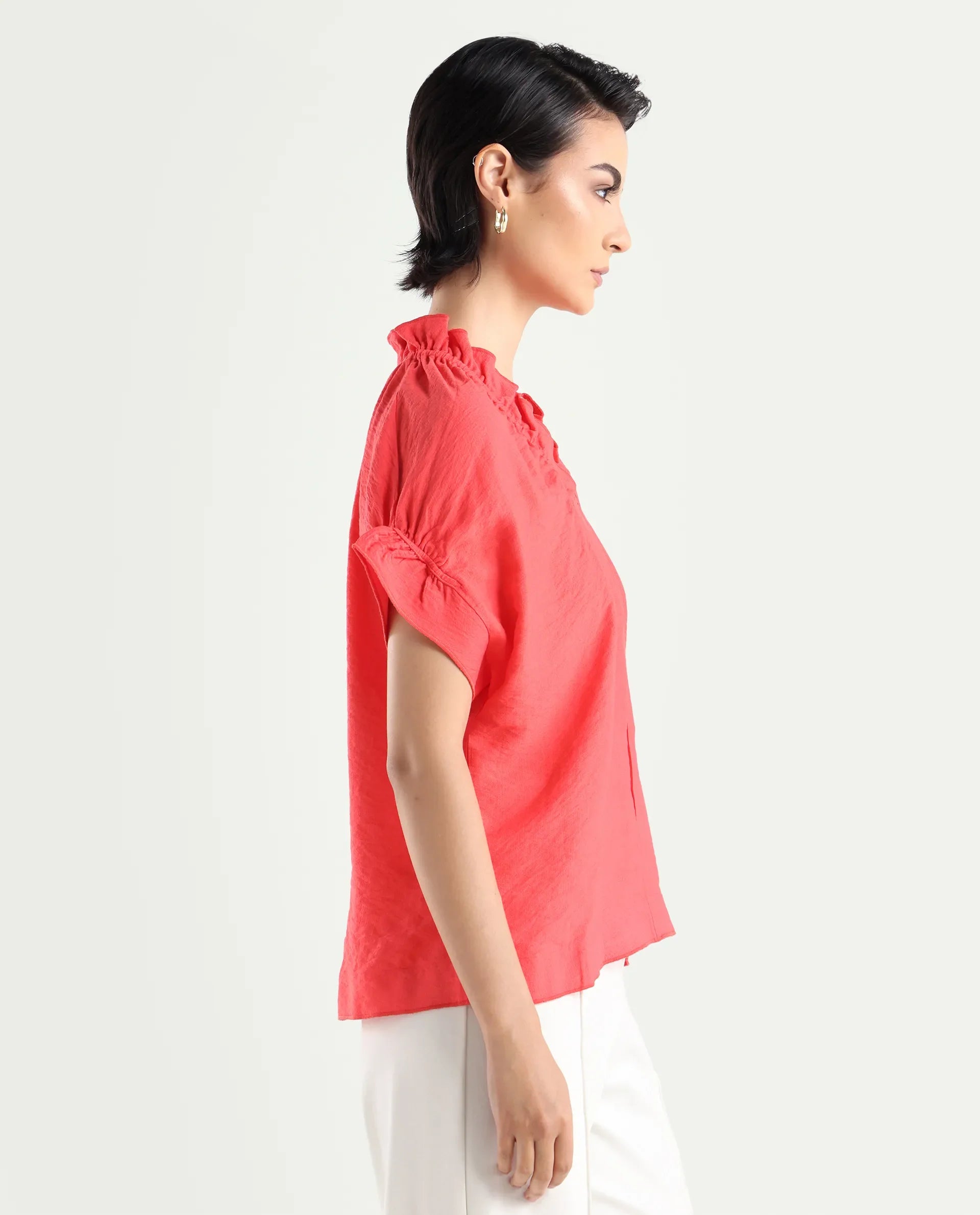 Rareism Women's Tichi Orange Viscose Blend V-Neck Plain Extended Sleeves Regular Fit Top