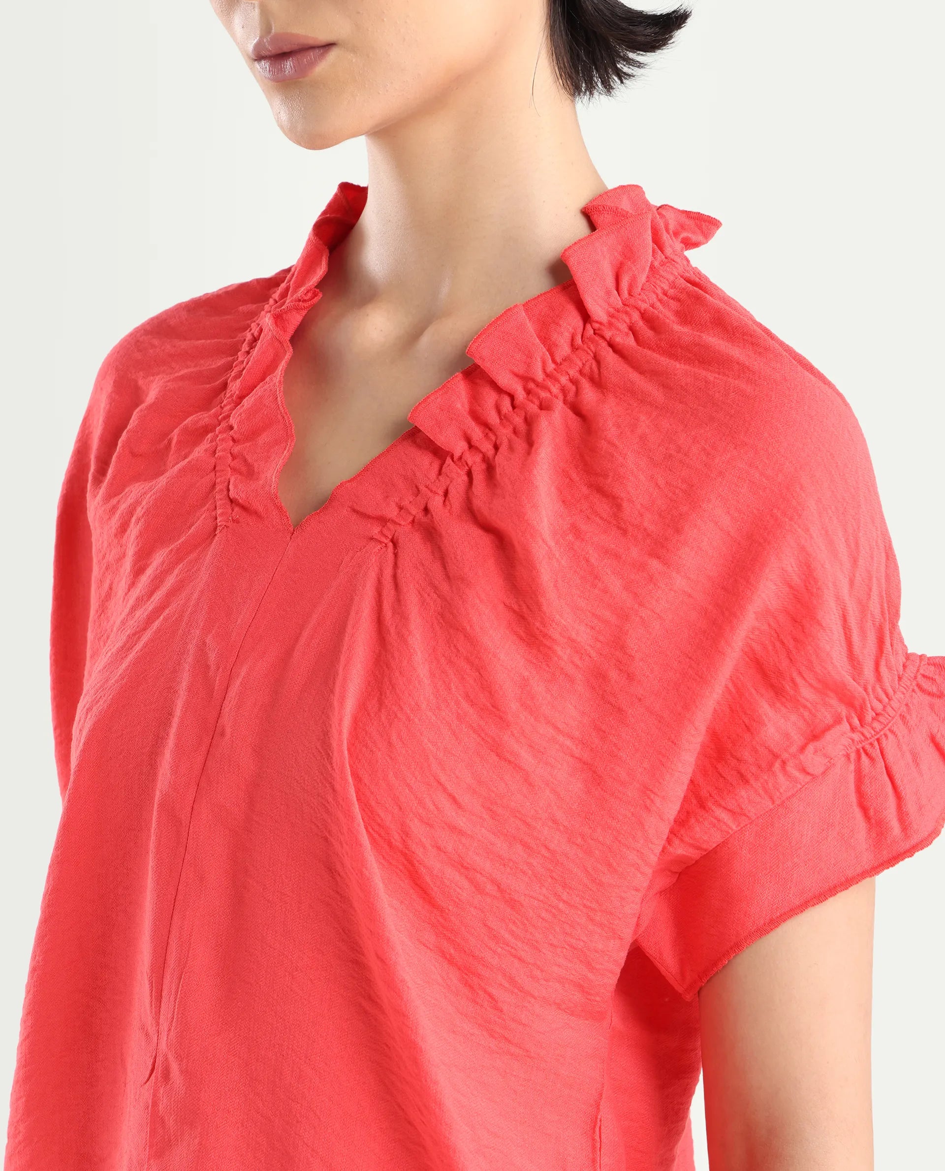 Rareism Women's Tichi Orange Viscose Blend V-Neck Plain Extended Sleeves Regular Fit Top