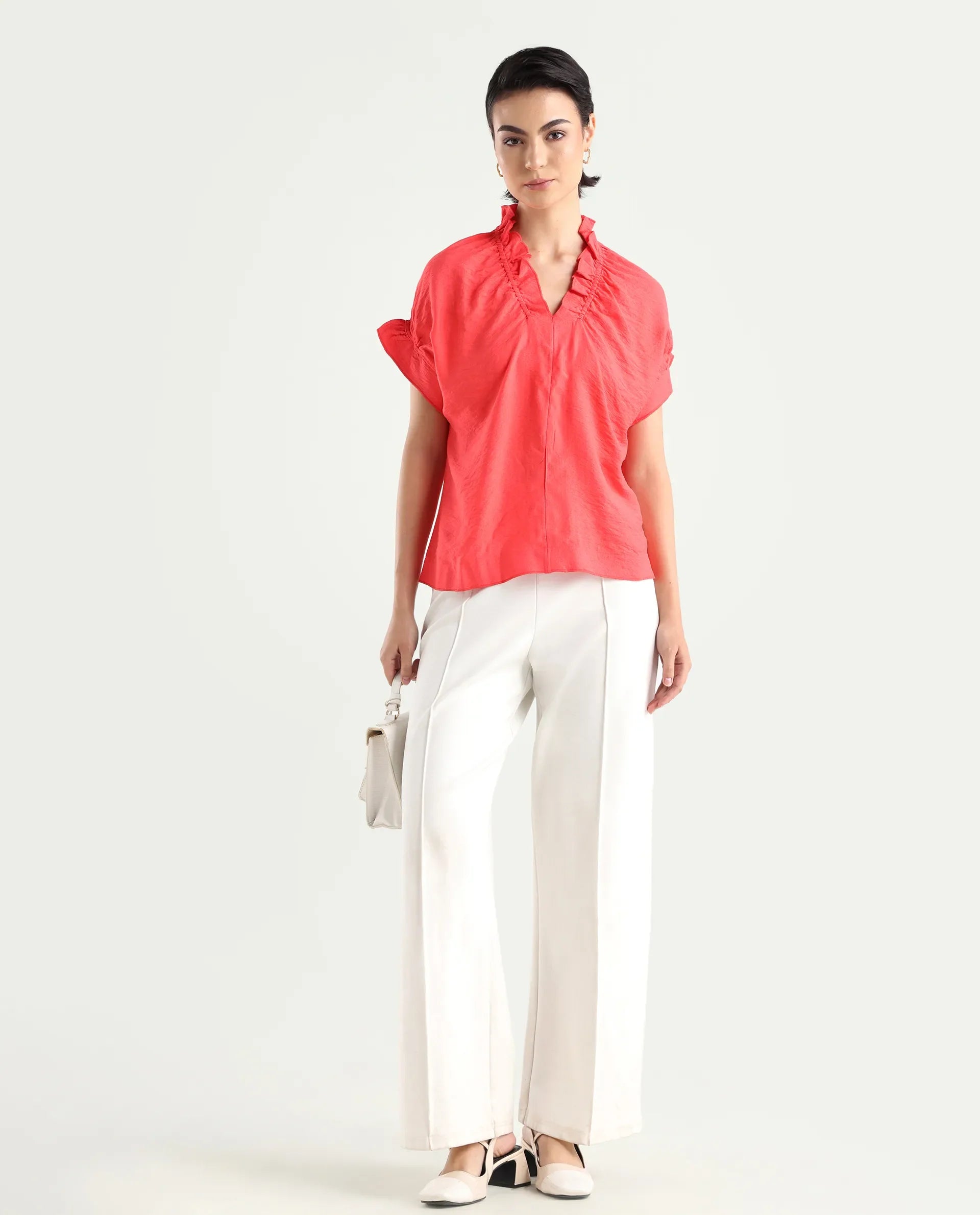 Rareism Women's Tichi Orange Viscose Blend V-Neck Plain Extended Sleeves Regular Fit Top