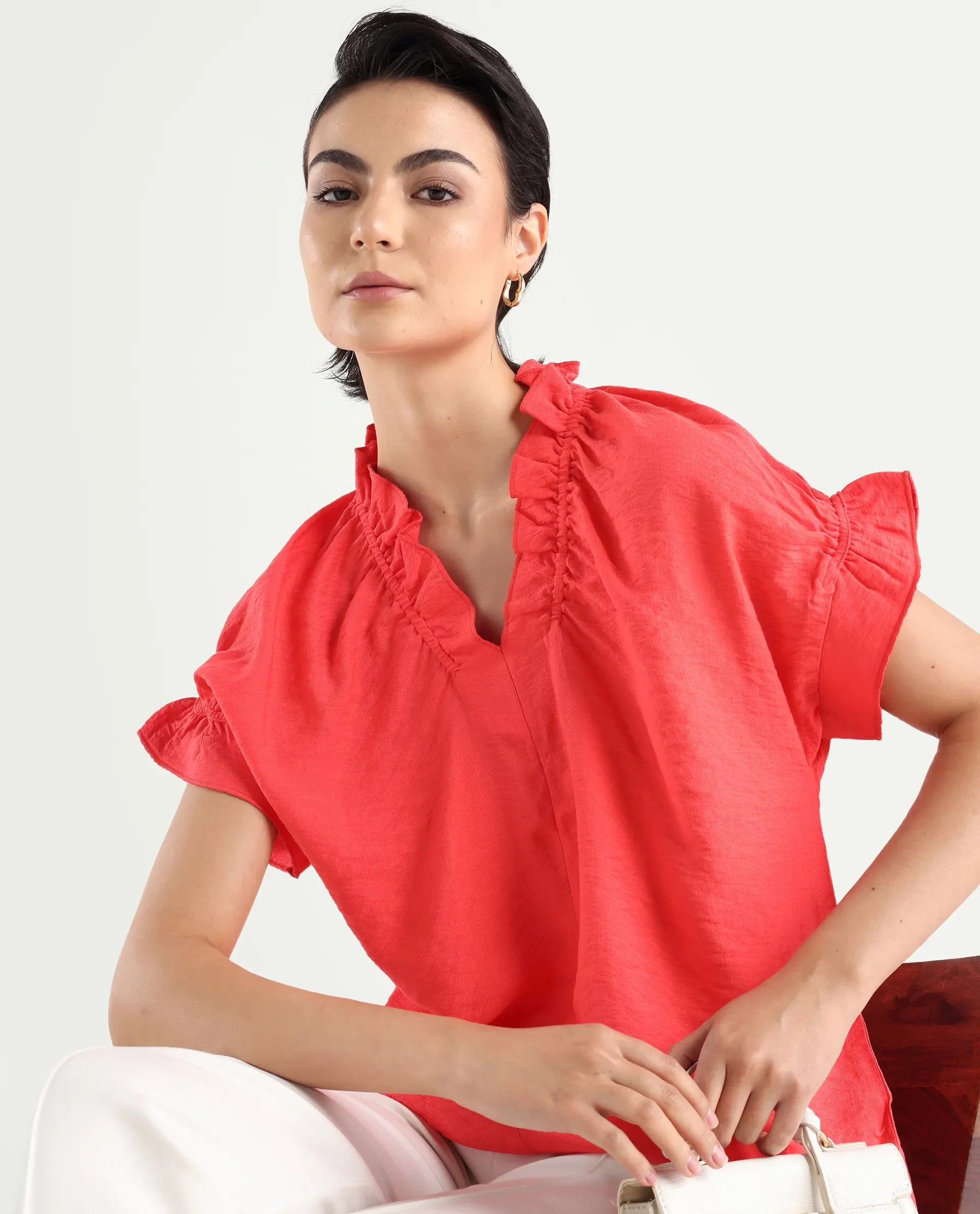 Rareism Women's Tichi Orange Viscose Blend V-Neck Plain Extended Sleeves Regular Fit Top