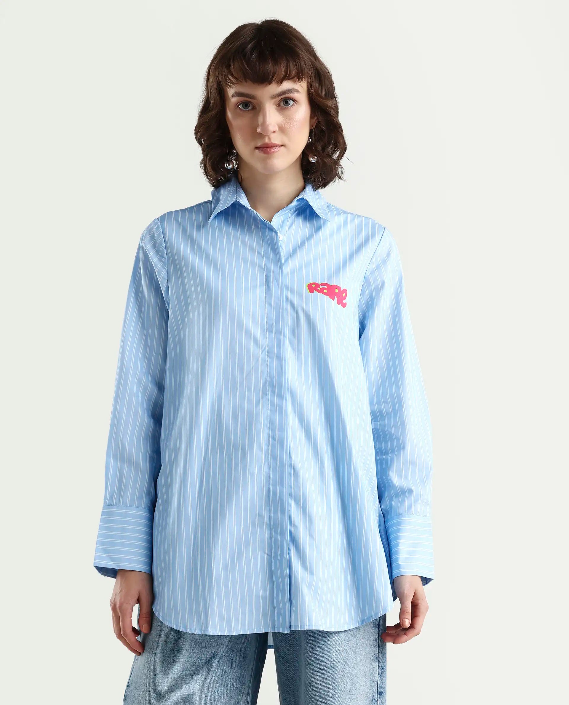 Rareism Women's Rambla Blue Poplin Spread Collar Abstract Print Cuffed Sleeve Relaxed Fit Top