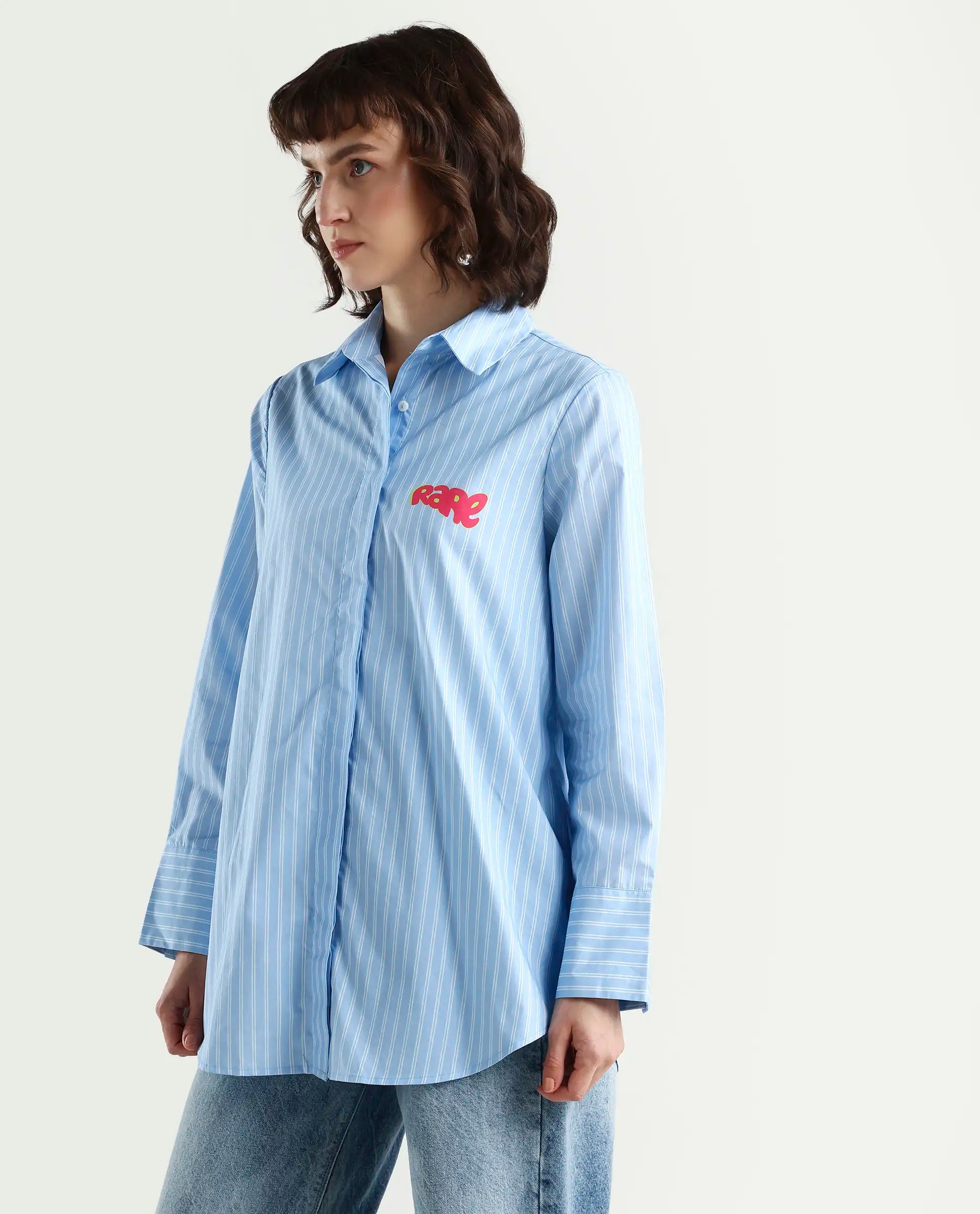 Rareism Women's Rambla Blue Poplin Spread Collar Abstract Print Cuffed Sleeve Relaxed Fit Top