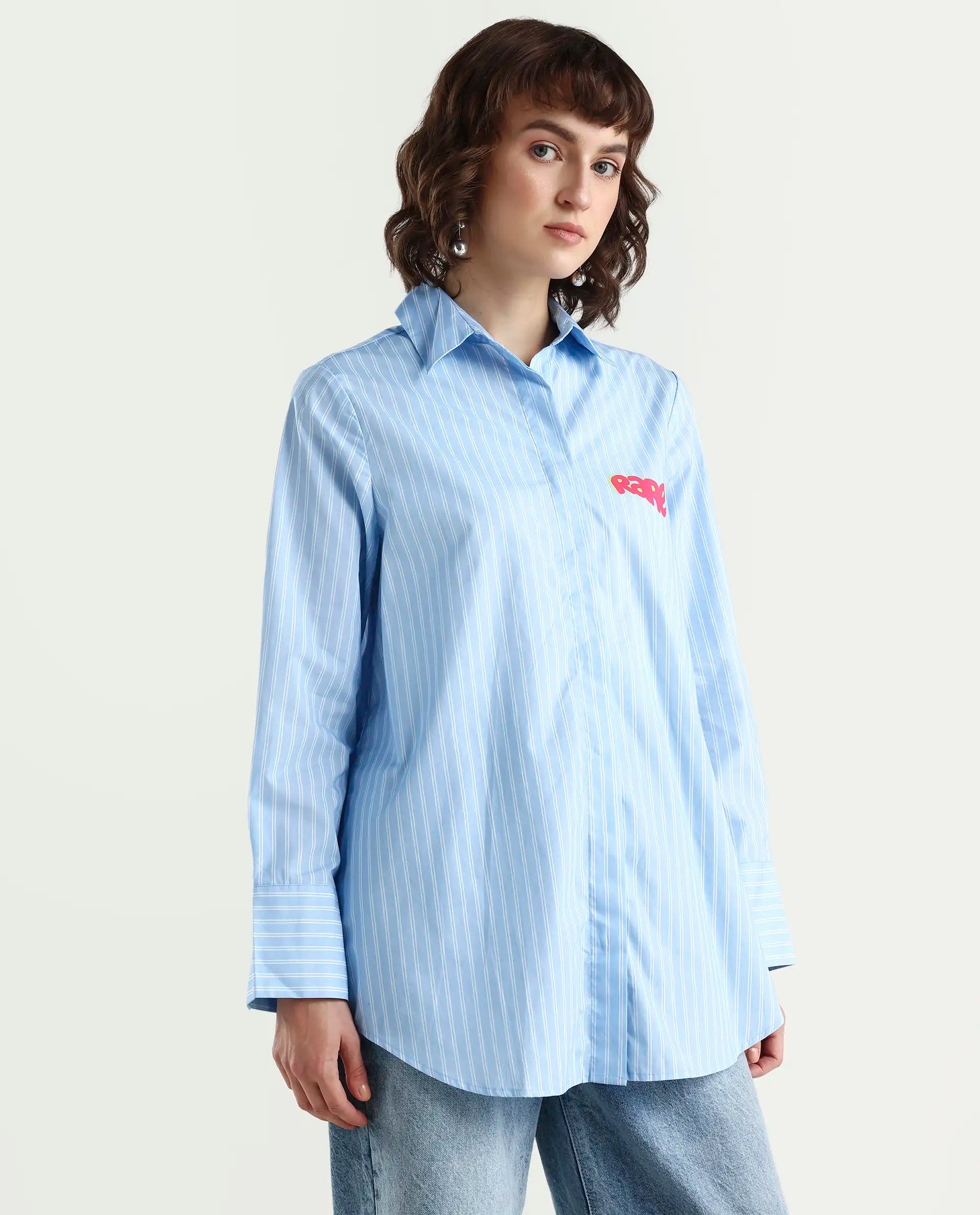 Rareism Women's Rambla Blue Poplin Spread Collar Abstract Print Cuffed Sleeve Relaxed Fit Top