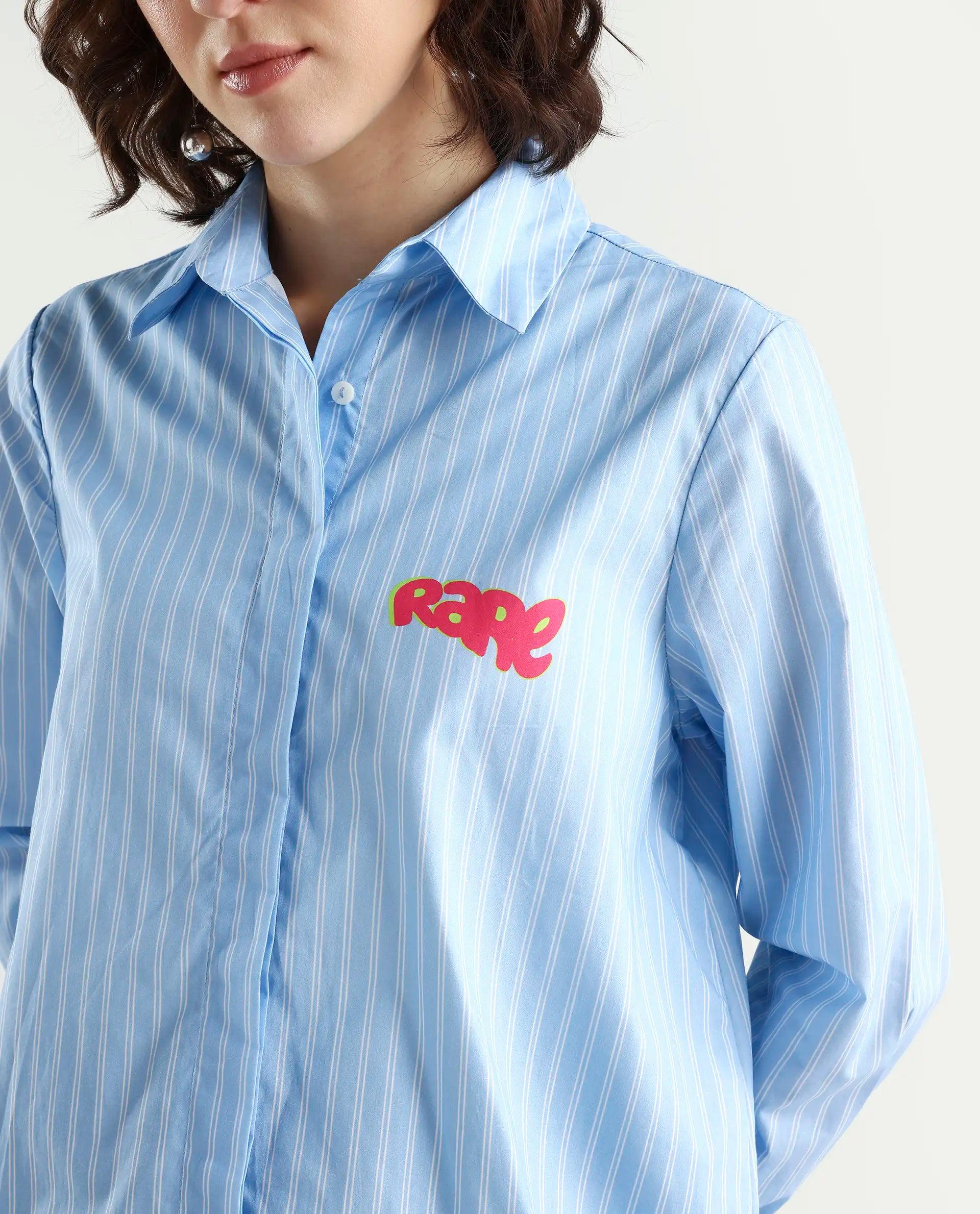 Rareism Women's Rambla Blue Poplin Spread Collar Abstract Print Cuffed Sleeve Relaxed Fit Top