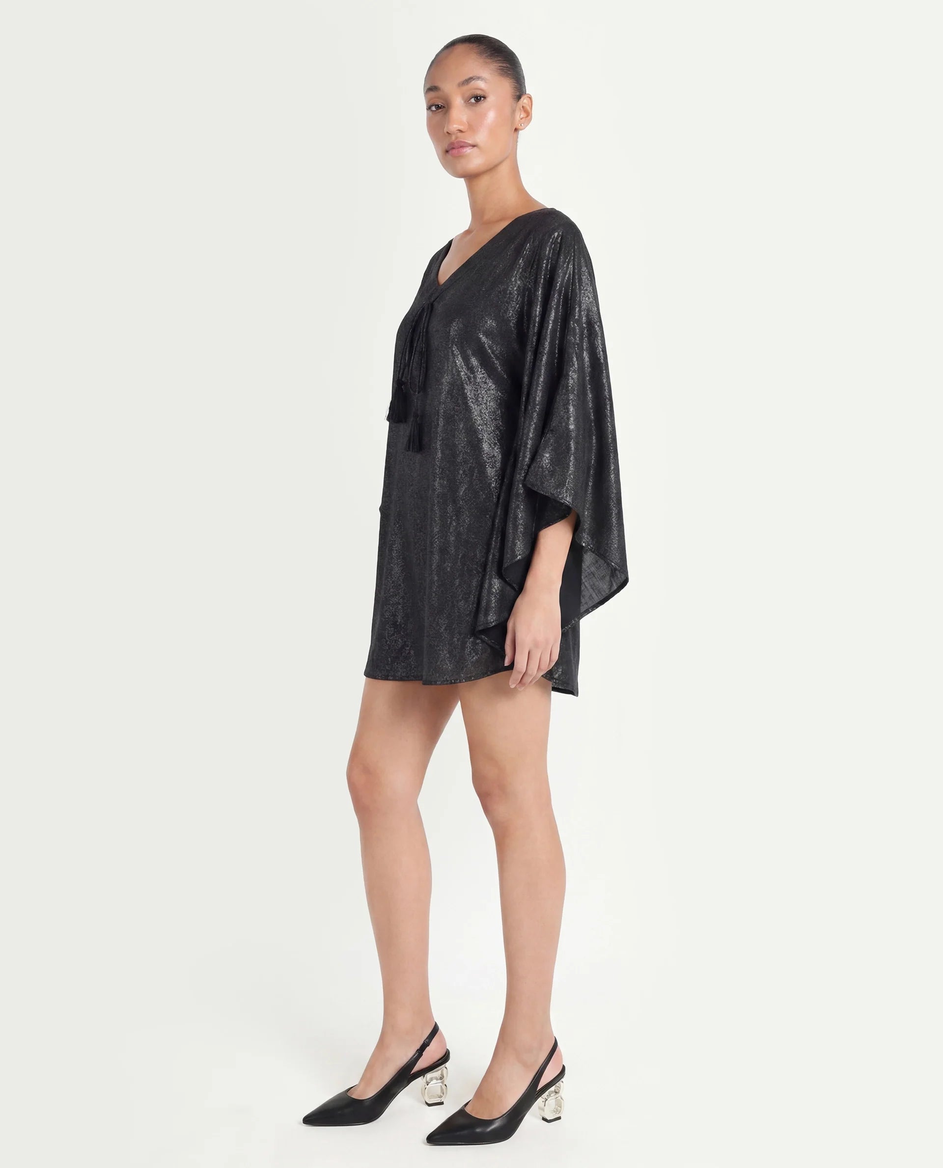 Rareism Women's Esmese Black Polyester V-Neck Plain Extended Sleeves Mini Relaxed Fit Dress