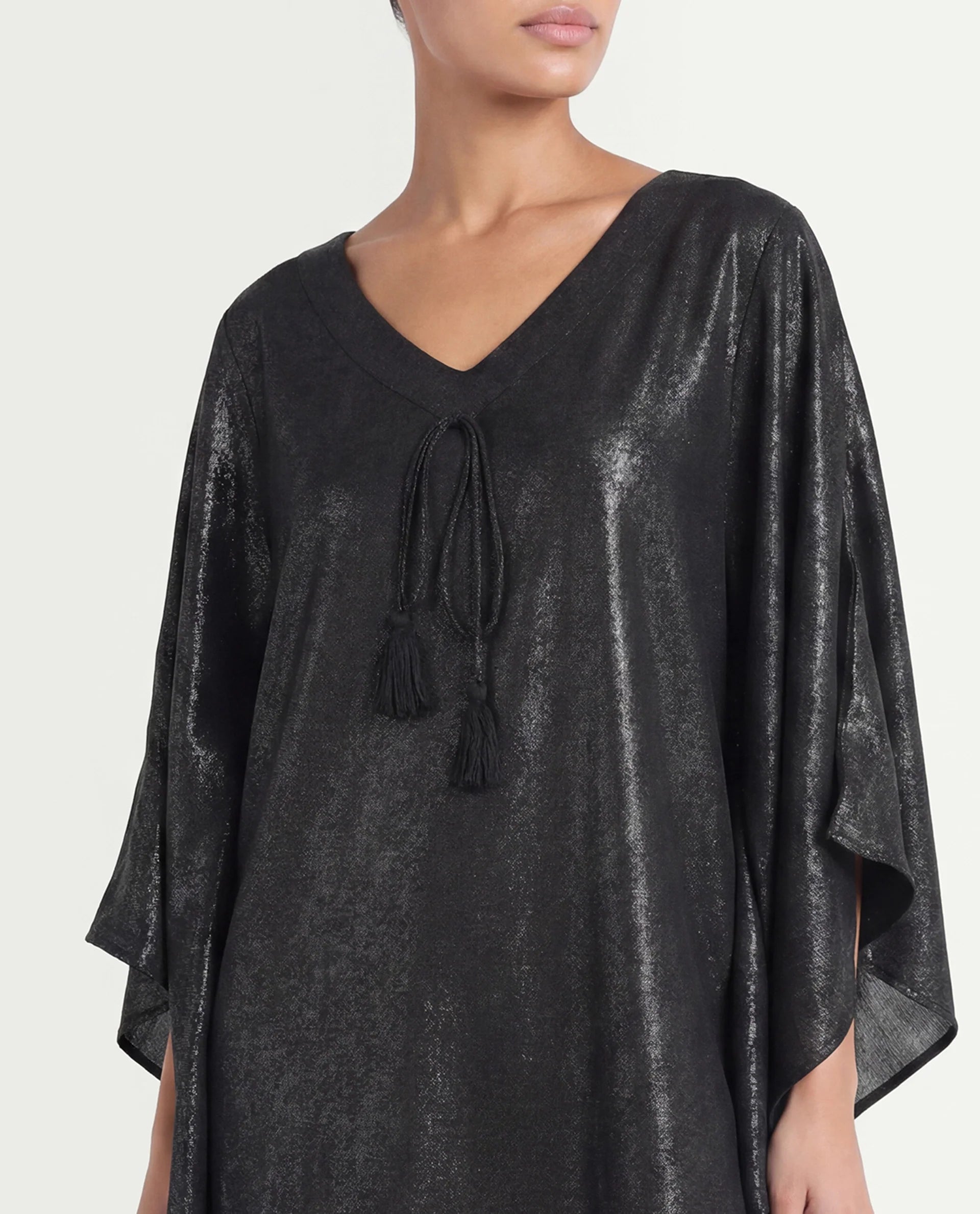 Rareism Women's Esmese Black Polyester V-Neck Plain Extended Sleeves Mini Relaxed Fit Dress