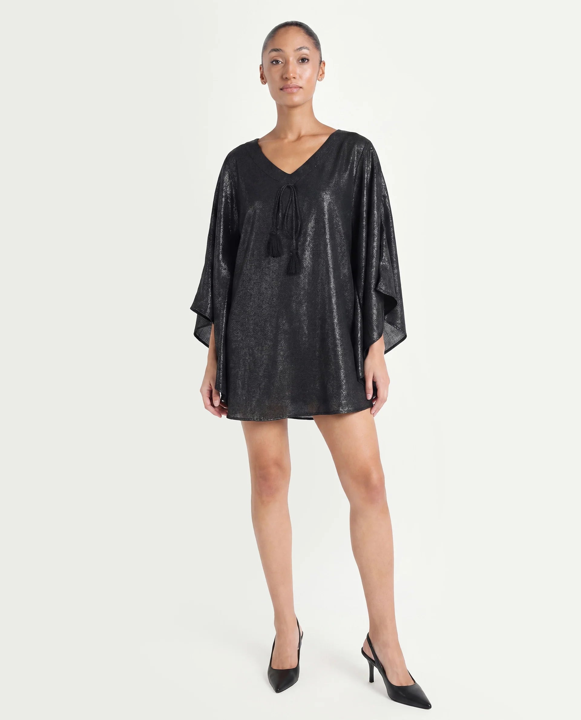 Rareism Women's Esmese Black Polyester V-Neck Plain Extended Sleeves Mini Relaxed Fit Dress