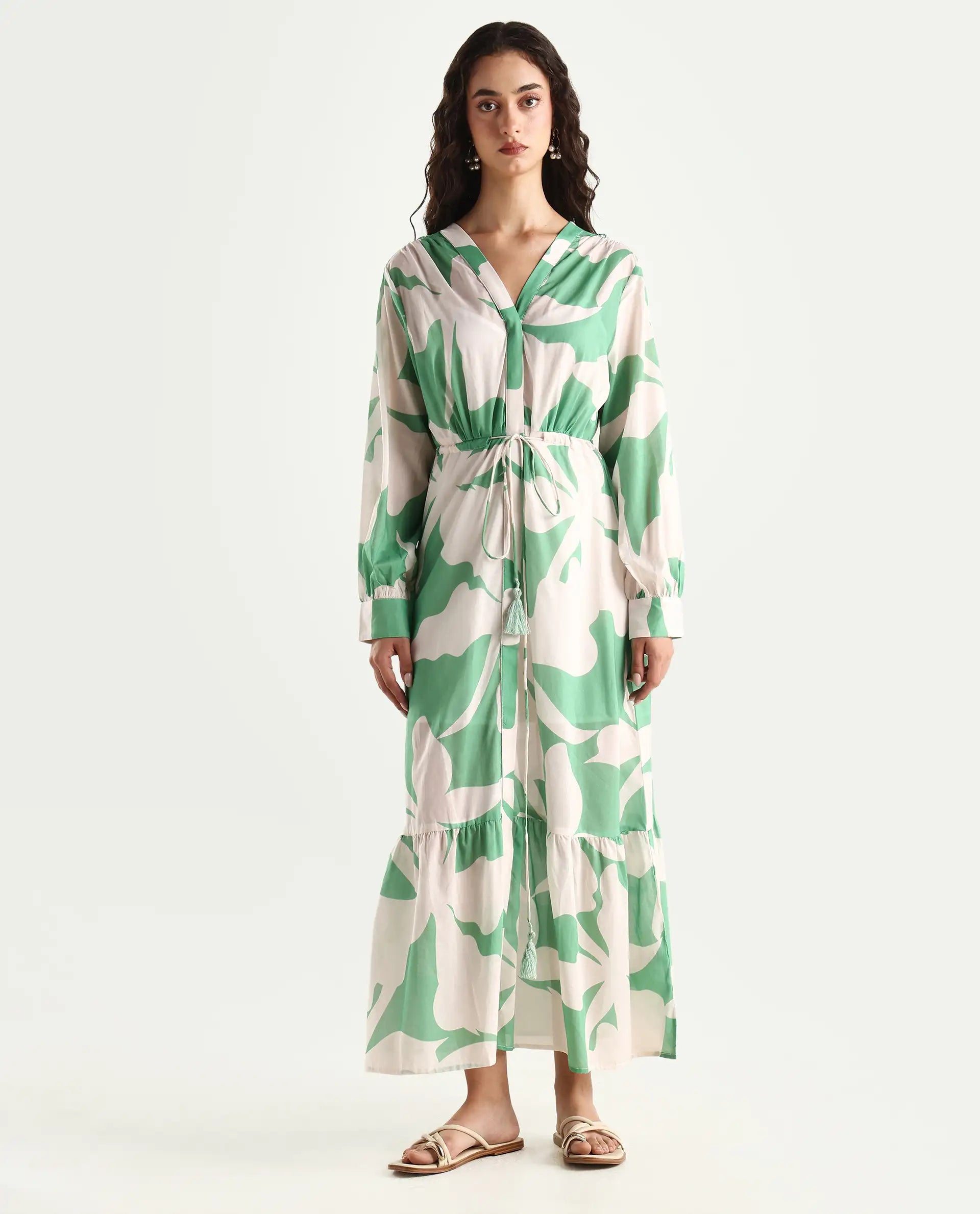 Rareism Women's Adeley Dusky Green Cotton V-Neck Abstract Print Cuffed Sleeve Maxi Regular Fit Shrug