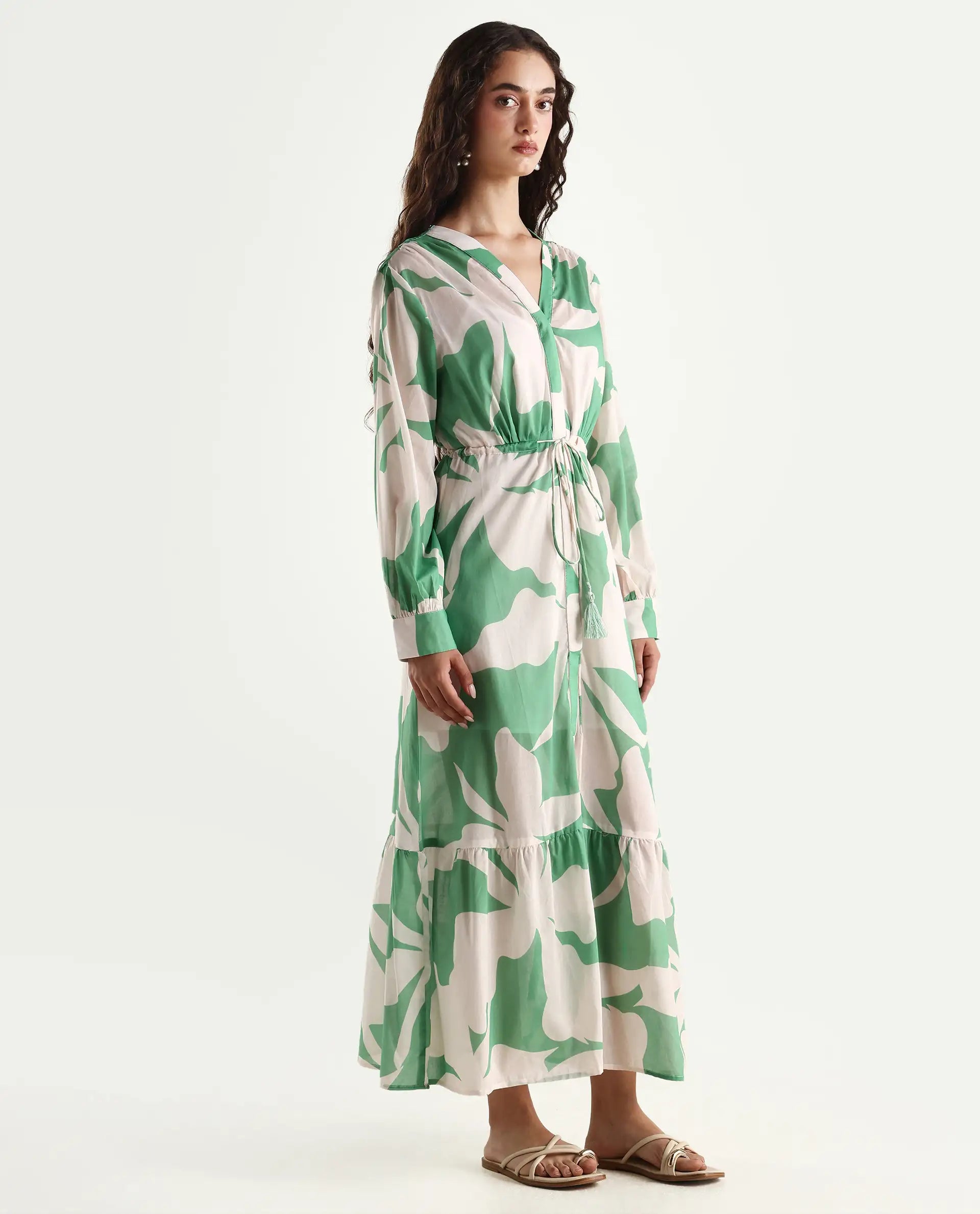 Rareism Women's Adeley Dusky Green Cotton V-Neck Abstract Print Cuffed Sleeve Maxi Regular Fit Shrug