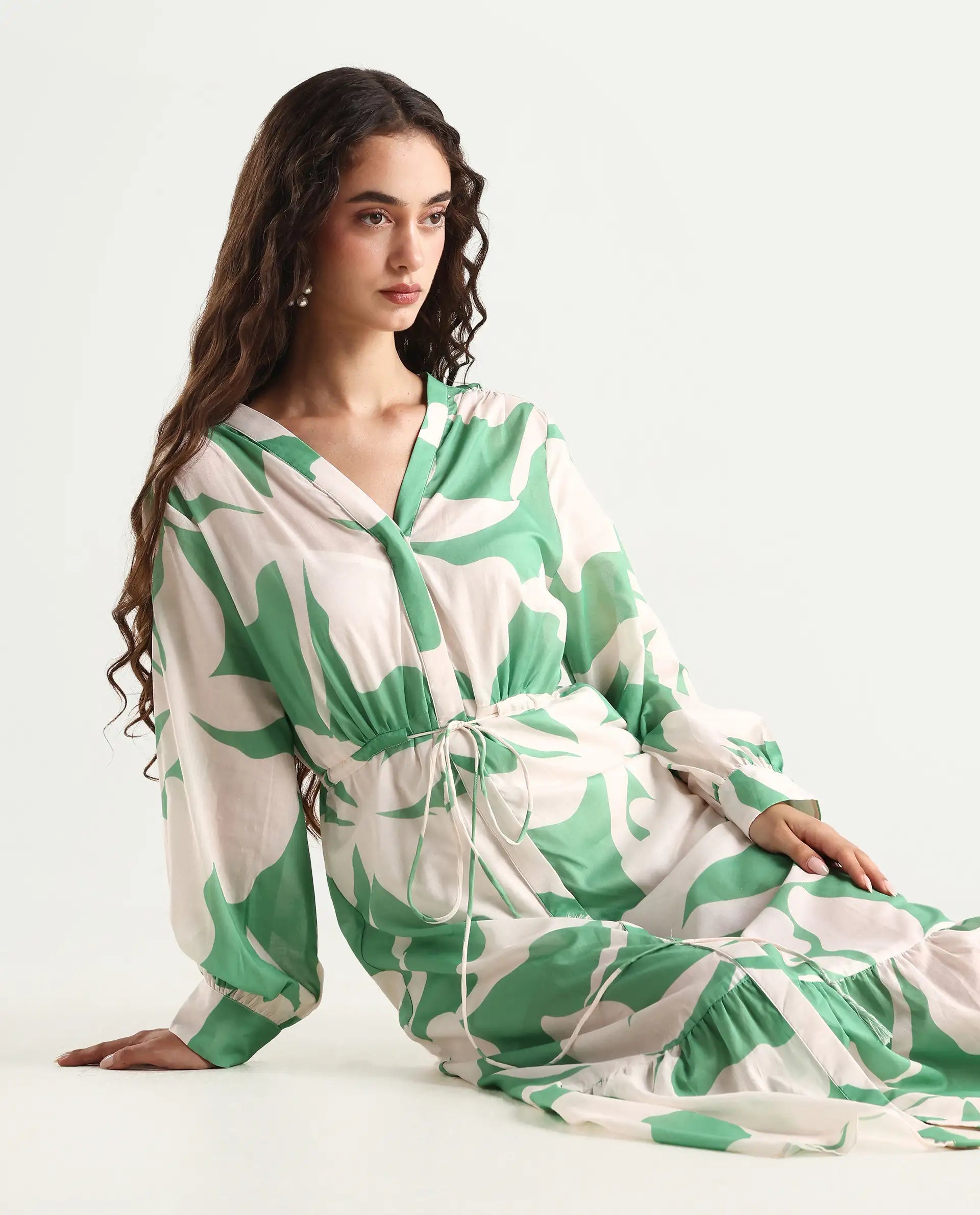 Rareism Women's Adeley Dusky Green Cotton V-Neck Abstract Print Cuffed Sleeve Maxi Regular Fit Shrug