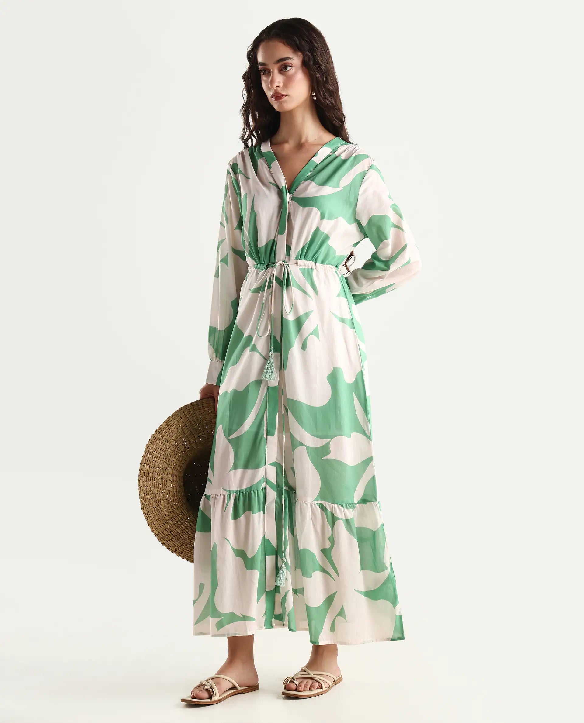 Rareism Women's Adeley Dusky Green Cotton V-Neck Abstract Print Cuffed Sleeve Maxi Regular Fit Shrug