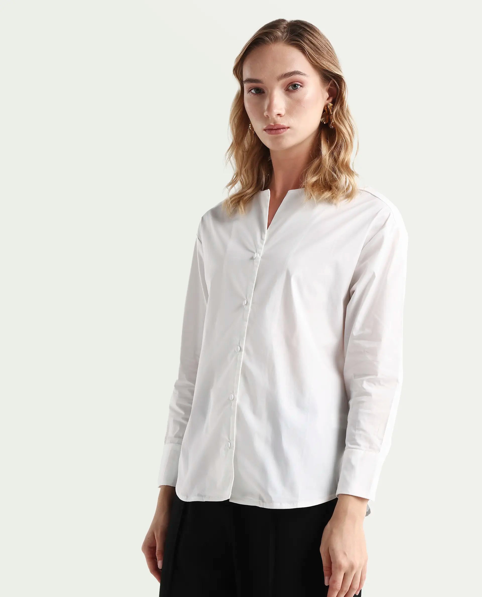 Rareism Women's Nagoya White Cotton Blend Crew Neck Plain Cuffed Sleeve Regular Fit Top
