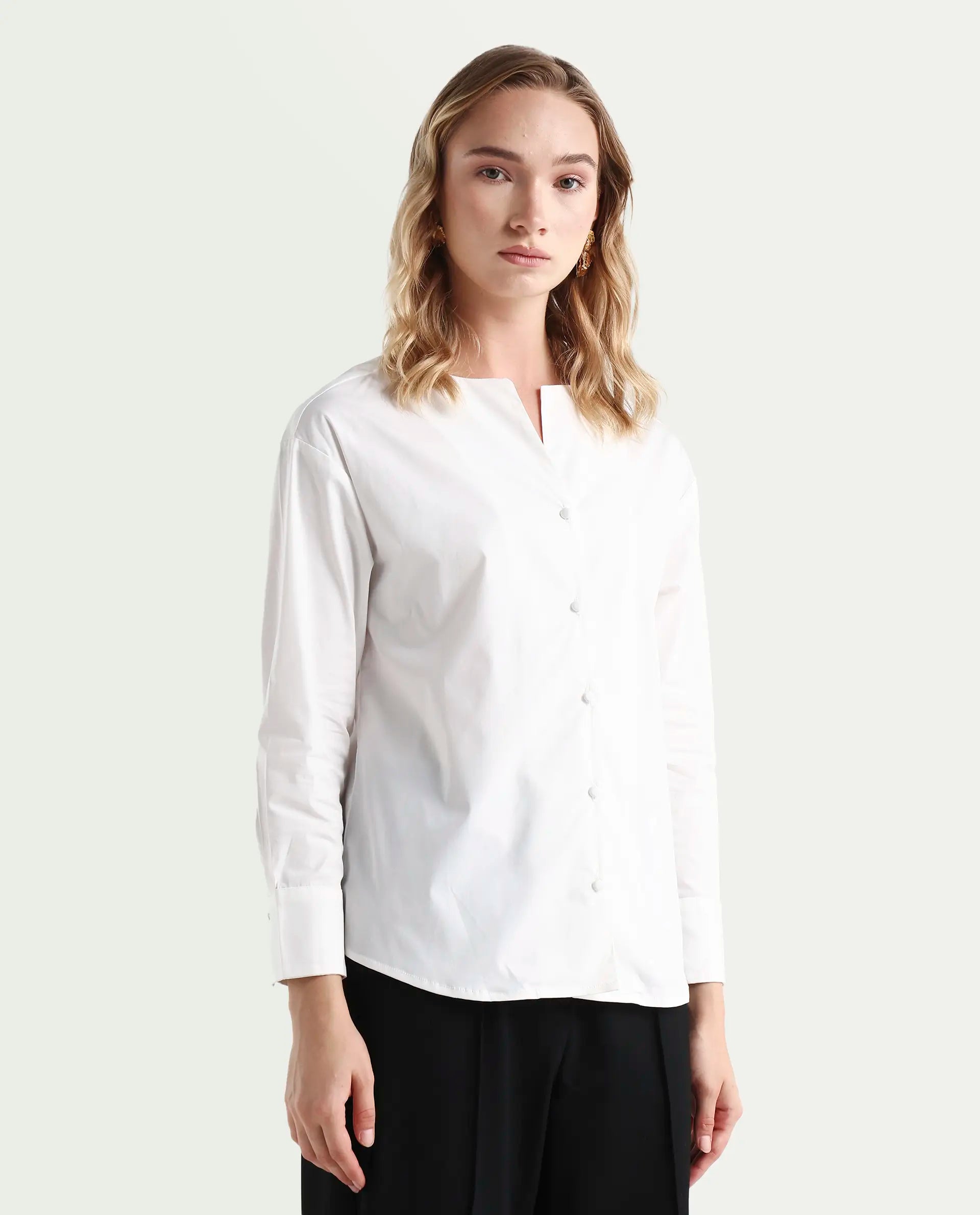 Rareism Women's Nagoya White Cotton Blend Crew Neck Plain Cuffed Sleeve Regular Fit Top