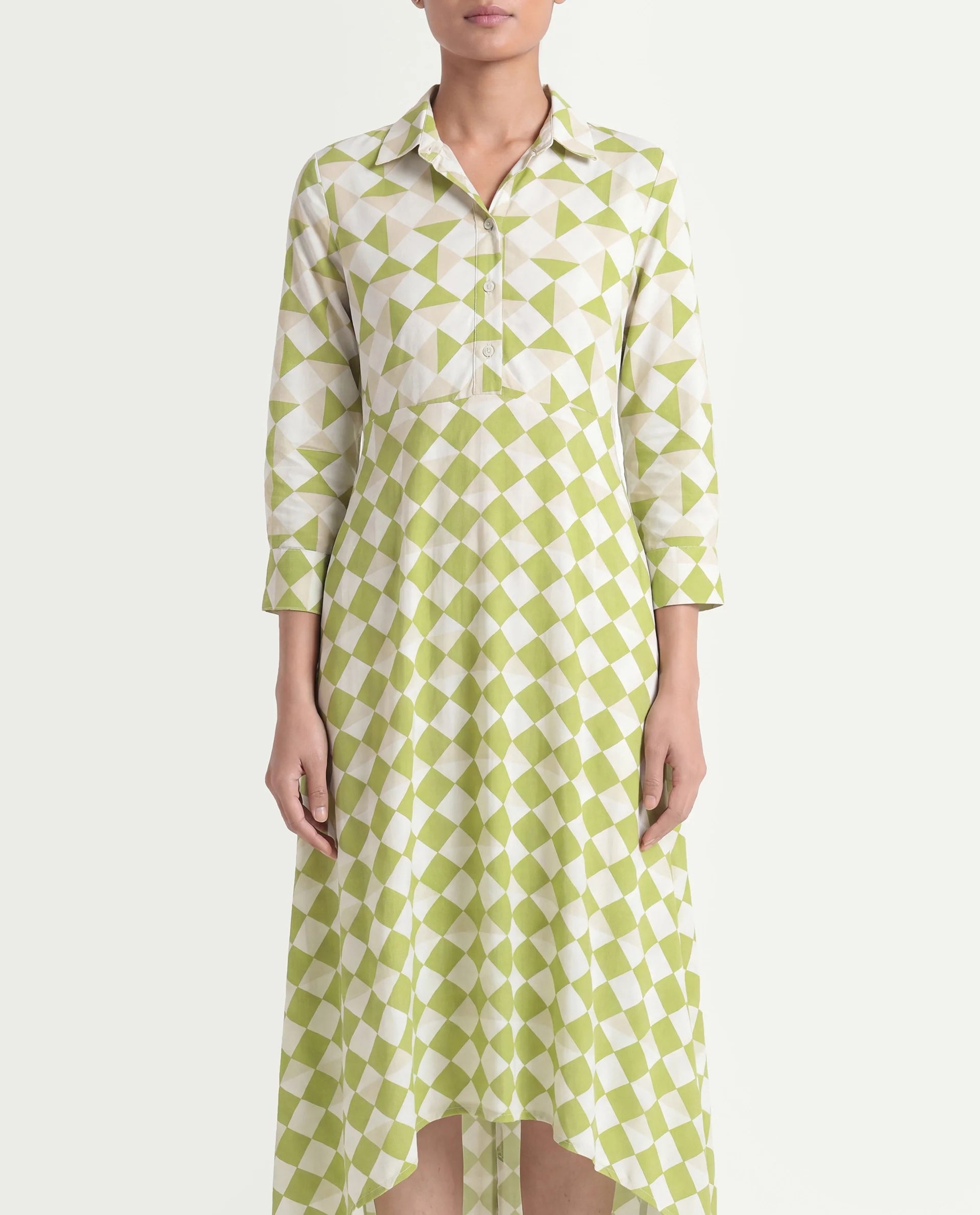 Rareism Women's Alice Light Green Moroccan Crepe Spread Collar Geometric Print Cuffed Sleeve Maxi Flared Dress